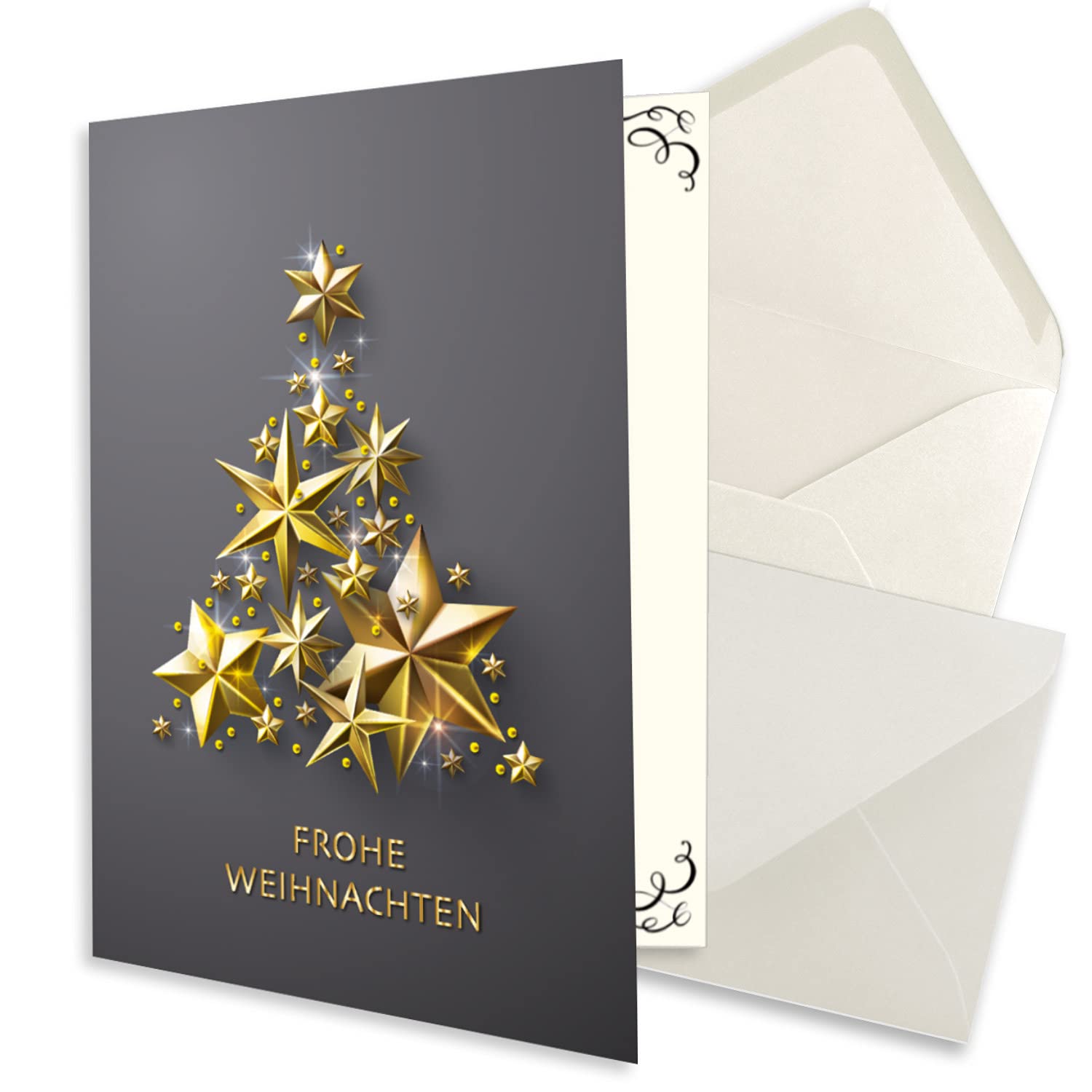 Juego de 200 tarjetas navideñas pequeñas DIN A7 en gris con un árbol de Navidad dorado hecho de estrellas - Tarjetas plegables con sobres a juego DIN C7 blanco natural con pegamento húmedo
