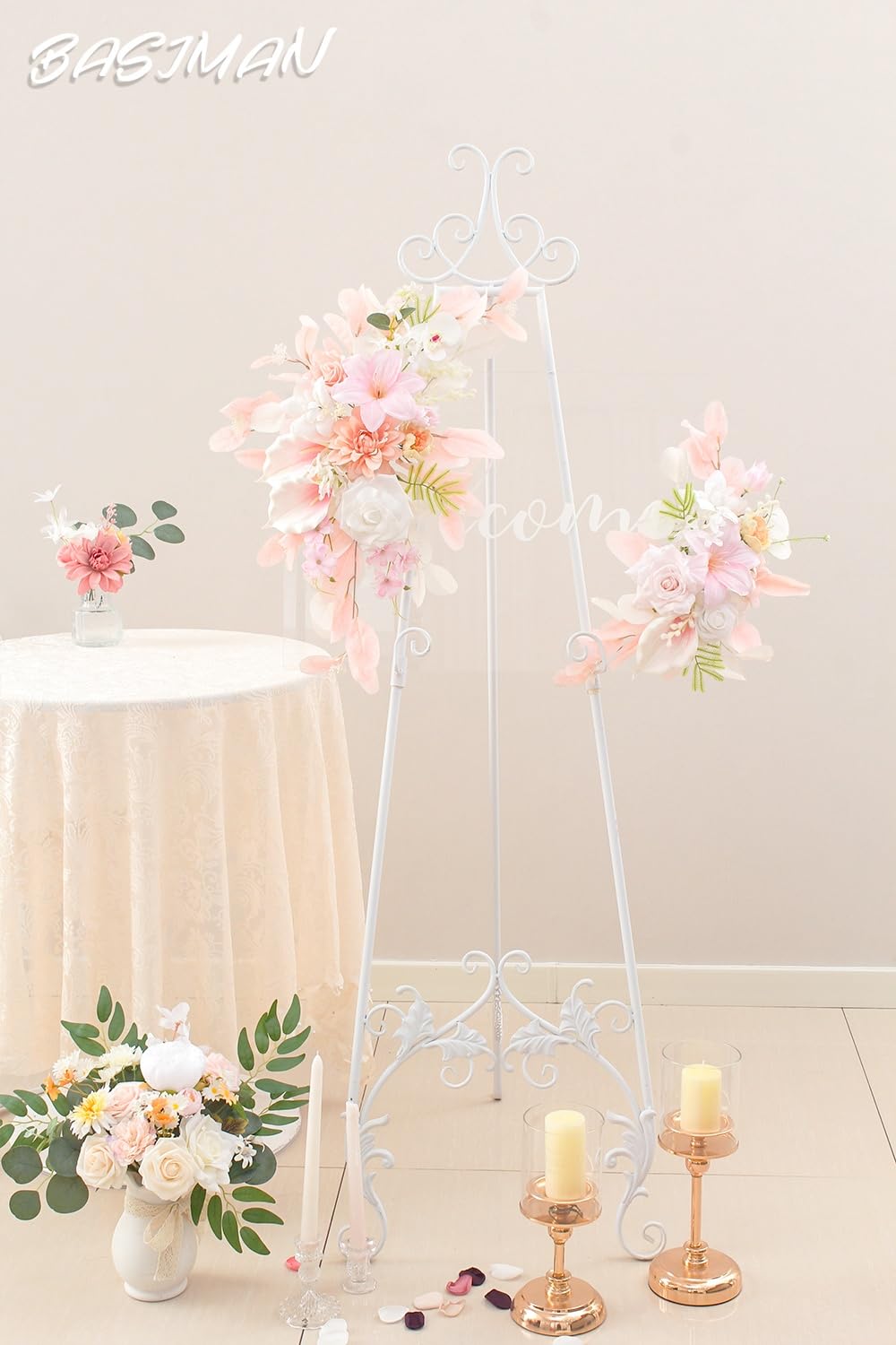 Set mit 2 Hochzeitsbögen, künstliche Blumen für Hochzeit, Willkommensschild, Hochzeitsdekorationen für Empfang und Hochzeitshintergrund (Eukalyptus-Rosa)