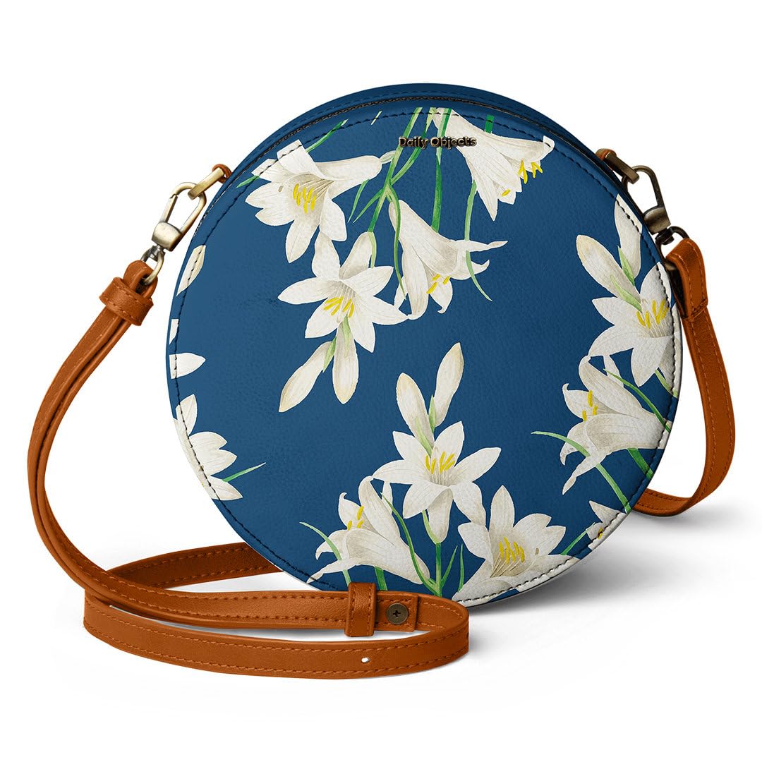 DailyObjects Printed Orbis Round Sling Crossbody Bag For Women| Stylish White Lillies Print Vegan Leather Purse With Slip Pocket Inside| Zip Closure & Adjustable Strap| Storage Space For Essentials (B082KGPQM6) Amazon Price History, Amazon Price Tracker