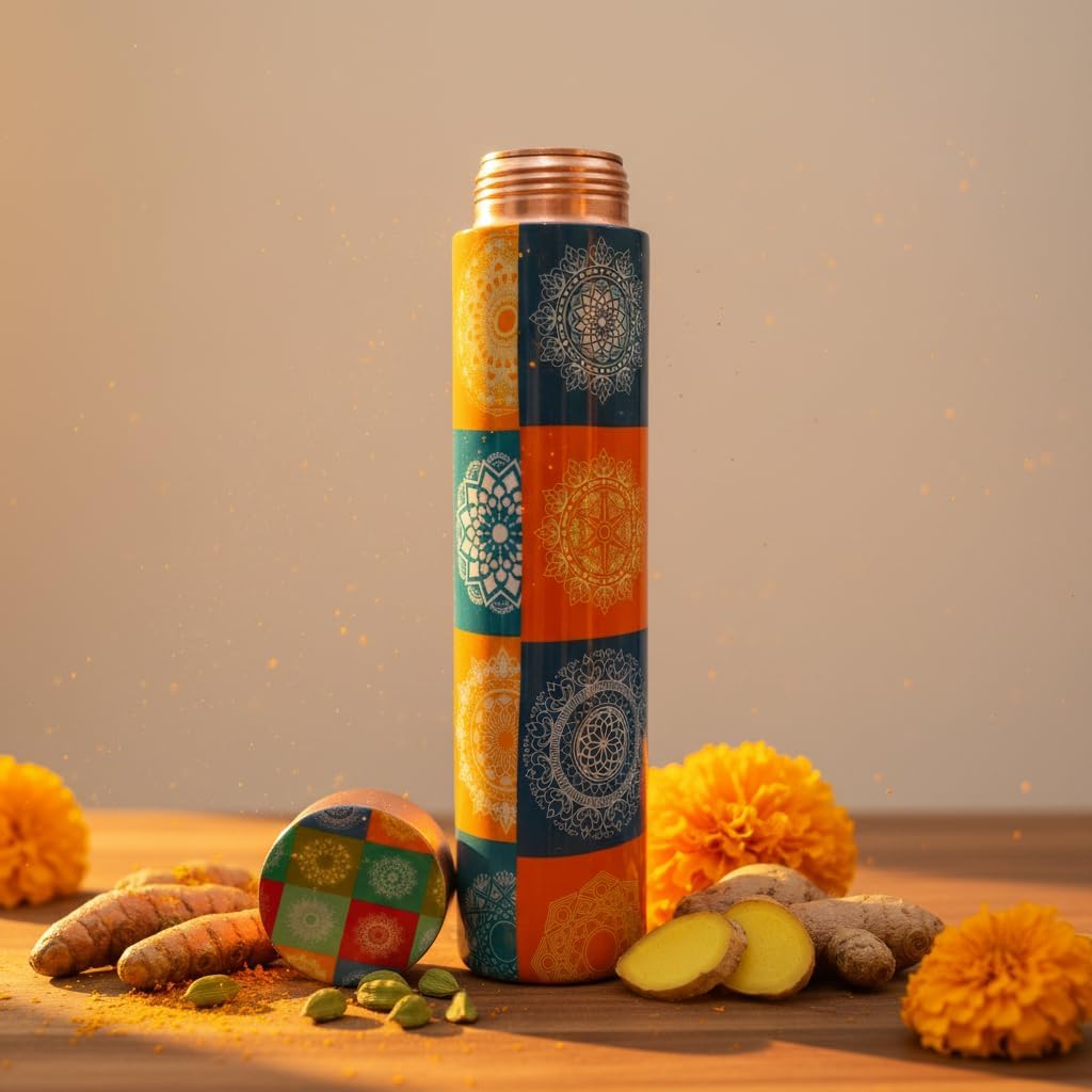 Pure Copper Water Bottle 34Oz | Authentic Ayurvedic Vessel for Immune Support & Wellness | Eco-Friendly, BPA-Free Sport (Mandala)