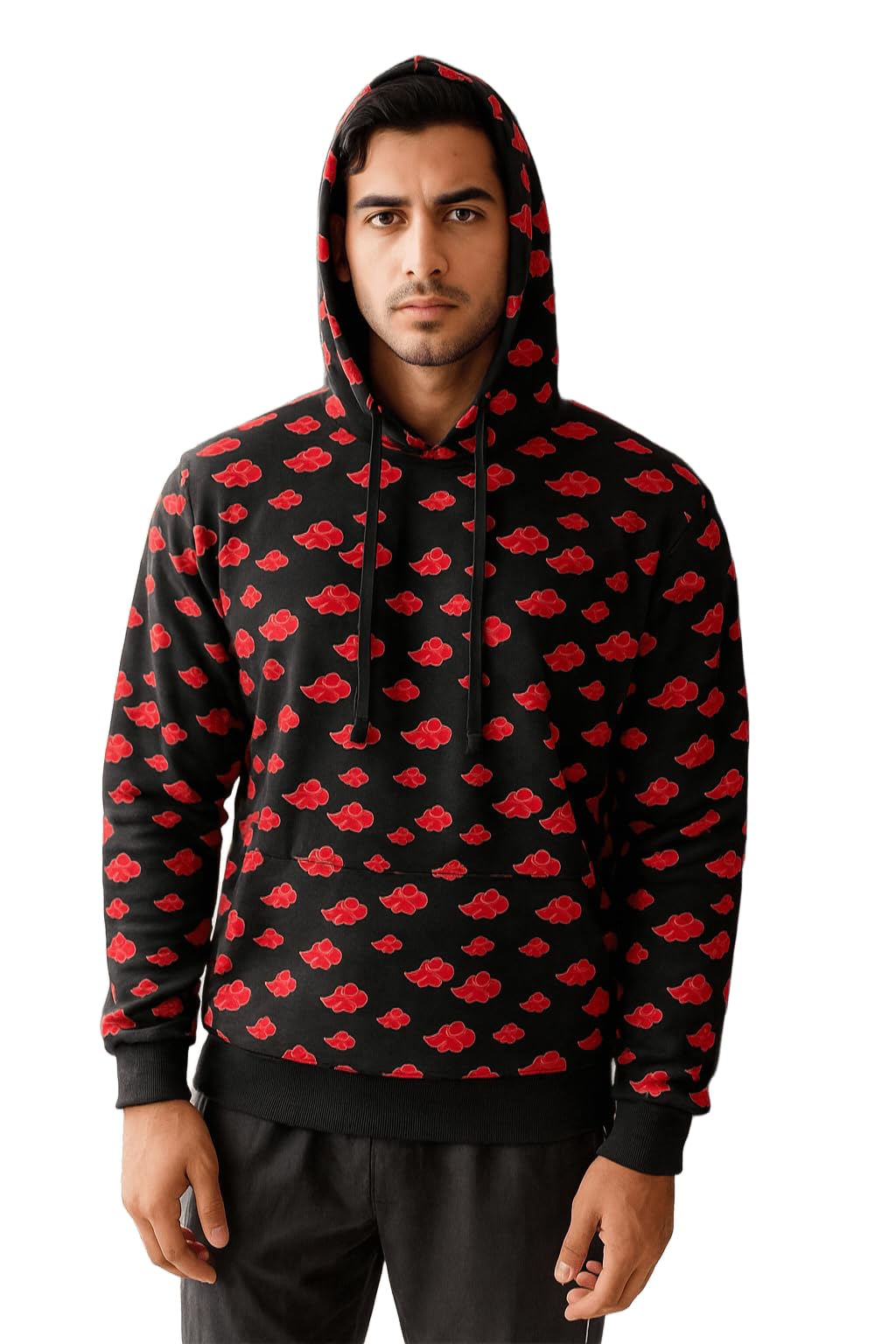 Akatsuki Unisex Black Pullover Hoodie with Red Cloud Pattern Print, Drawstring Hood 350 GSM-image-31