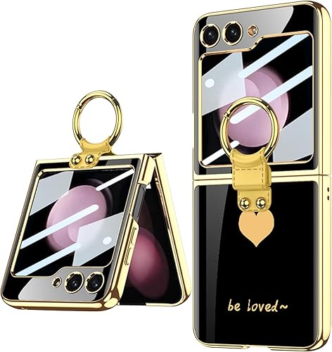Funda para Samsung Galaxy Z Flip 5 con soporte de anillo de lujo colorido chapado de cristal protector de pantalla todo incluido para Z Flip 5