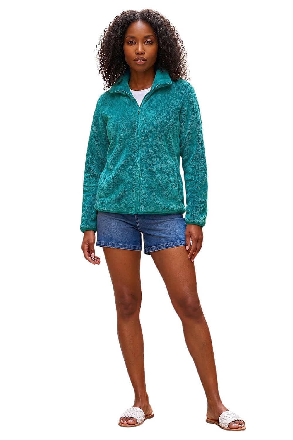 Roman Originals Soft Sherpa Fleece Jacket for Women UK - Ladies Autumn Everyday Winter Holiday Pull-On Comfy Soft Vacation Work Teddy Coat - Jade - Size M