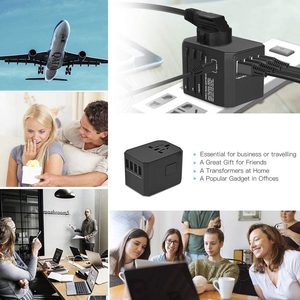 International Travel Adapter, Evershop 5.6A 4 USB and Type-C Port AC Plug Universal Power Adaptor Socket All in One Worldwide Charger Outlet for US AU UK Europe Over 224 Countries