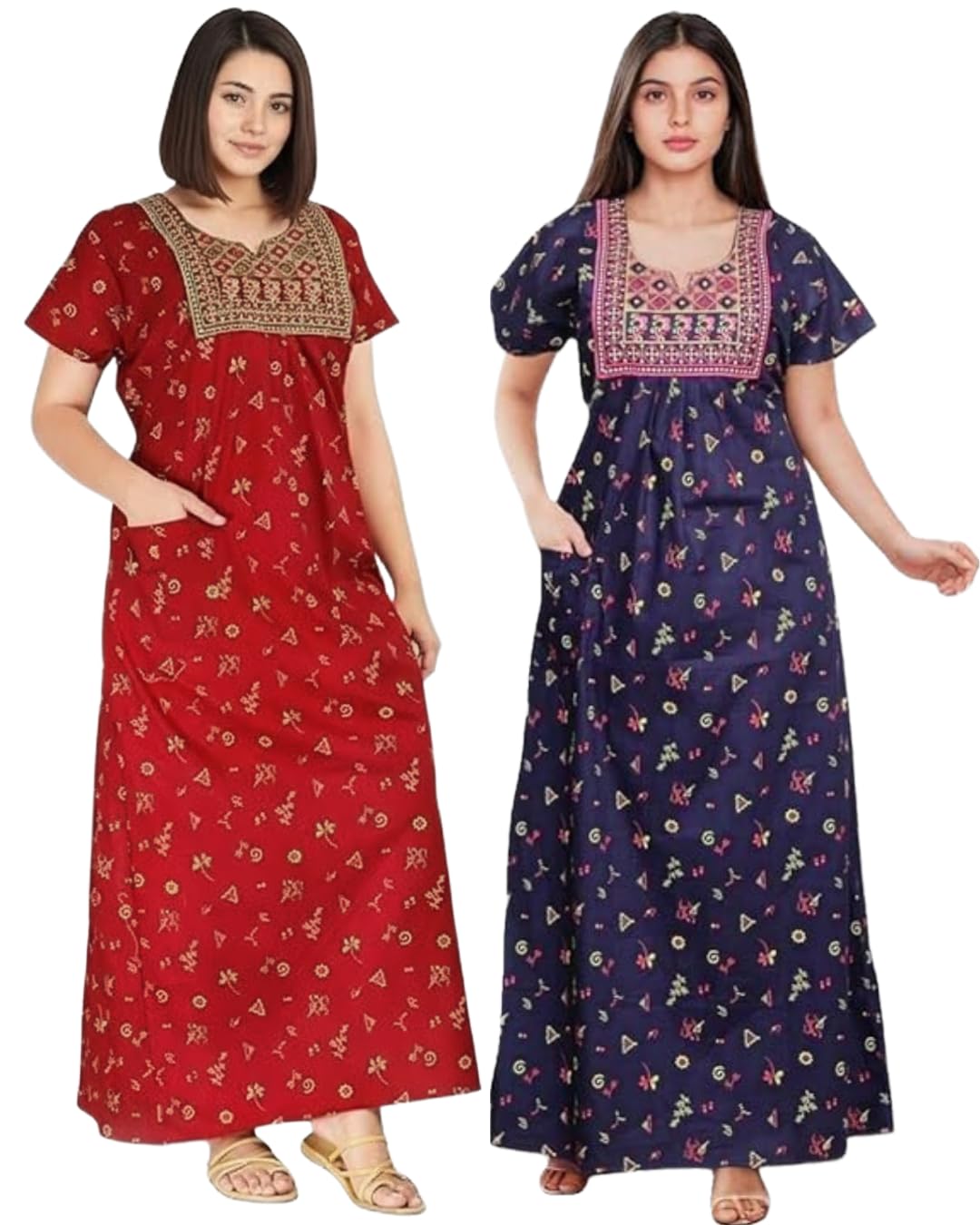 niloufo Women's Cotton Jaipuri Nighty Gown – Pack of 2 Rajasthani Print Night Dresses | Maxi Sleepwear with Pocket | Soft Embroidered Loungewear for Ladies-picture-37