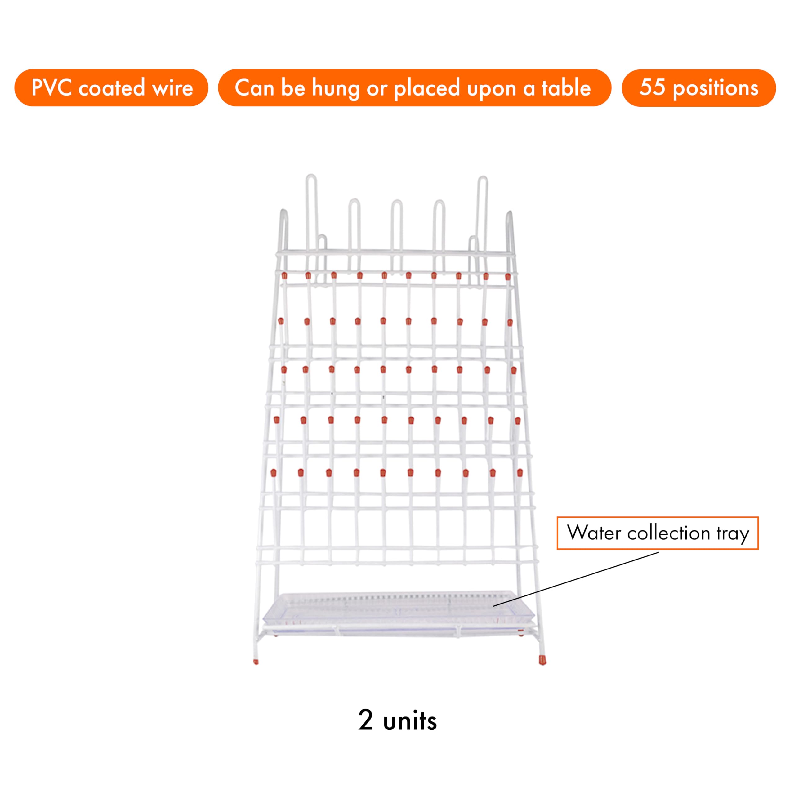 KENZIUM - 2er-Pack Abtropfgestell für Labormaterialien | 55 Positionen | Aus Stahl mit PVC-Beschichtung | Mit Abtropfschalen zum Auffangen des Wassers