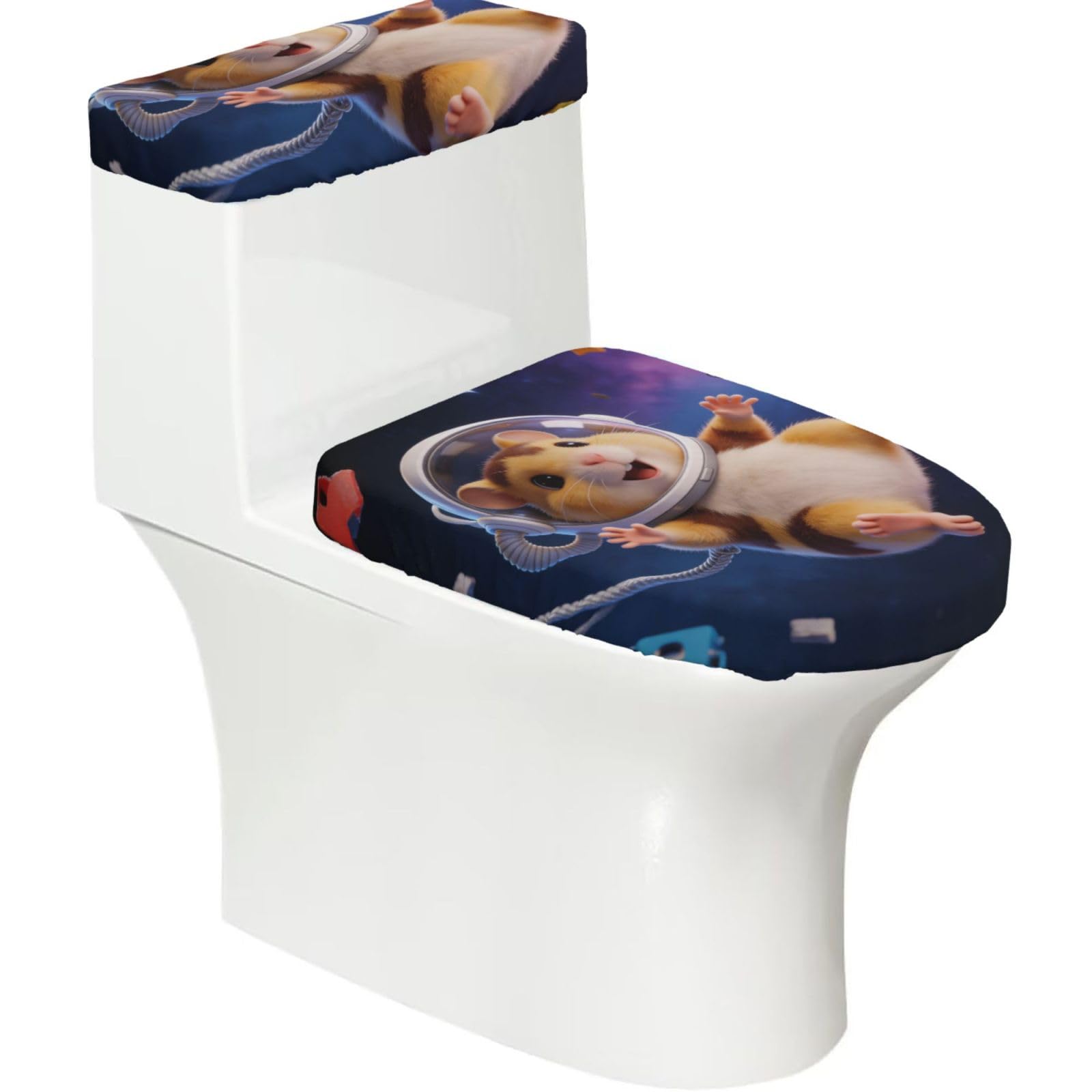 Space Hamster Elastic Toilet Cover Set of 2-Stretchy Lid and Tank Covers for Bathroom, Soft Washable U Shape Toilet Decor