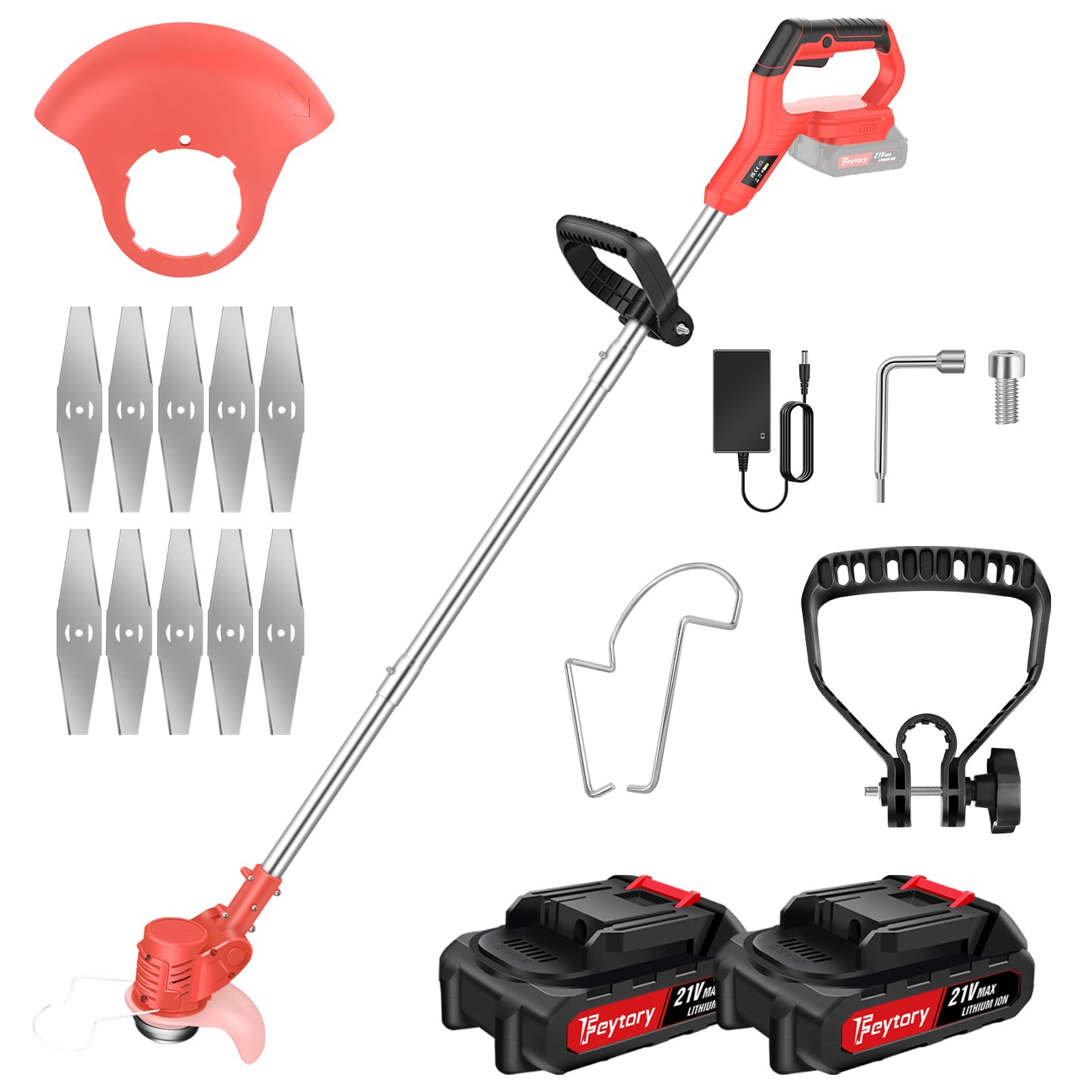Cordless Strimmer Lightweight 3-Section Grass Trimmers With 10 Metal Blades, 2pcs1.5Ah Batteries, 125cm Cutting Diameter, Adjustable Cutting Head, For Lawn Garden (Red) — image 1