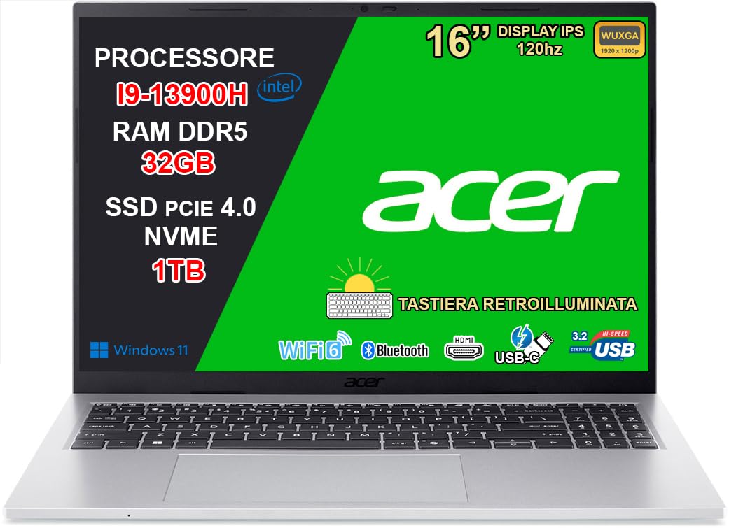 Acer Aspire Go 16 Notebook, Intel Core i9-13900H, RAM 32GB DDR5 6400MHz, SSD 1TB NVMe, 16" WUXGA IPS 120Hz 16:10, USB-C, HDMI 2.1, Wi-Fi 6, Backlit Keyboard, Windows 11 Home - 1