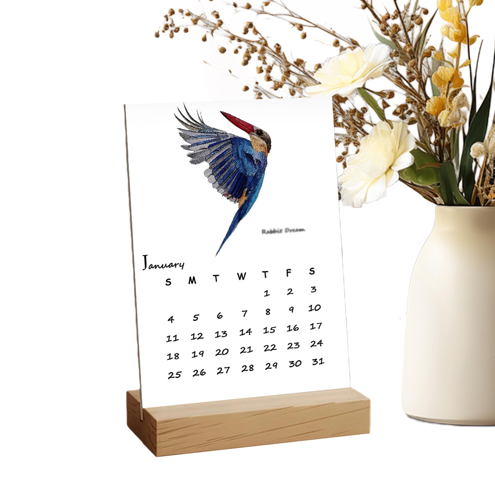 2026 Calendar with Birds Watercolour Art Monthly Planner with Wooden Stand Monthly 2026 Desk Calendar for Office, Home, Family, New Year, Christmas, Organisation and