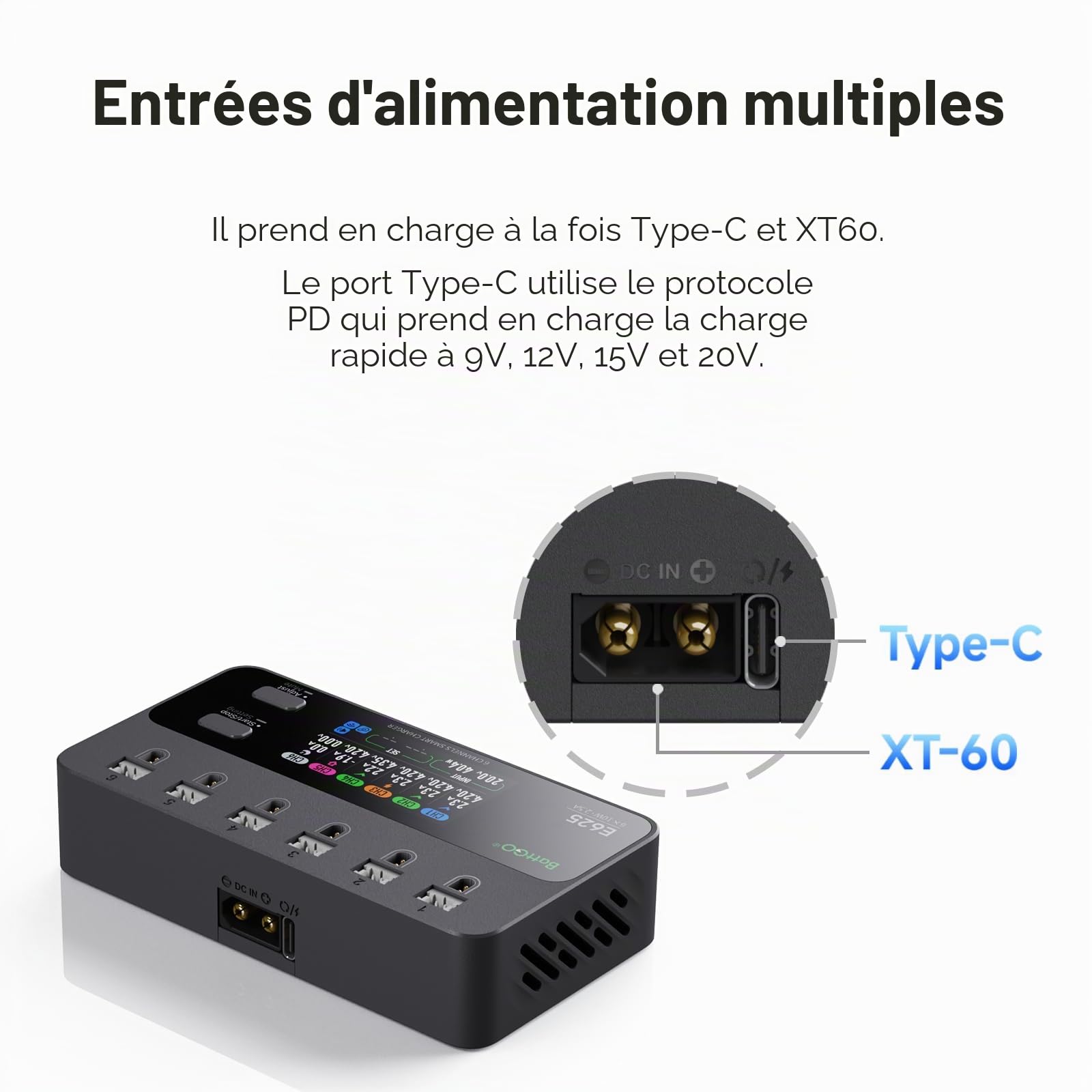 ISDT E625 Chargeur de batterie Lipo 6 canaux DC USB C Smart Chargeur pour batteries RC, chargeur d'équilibre pour batteries LiPo/LiHV