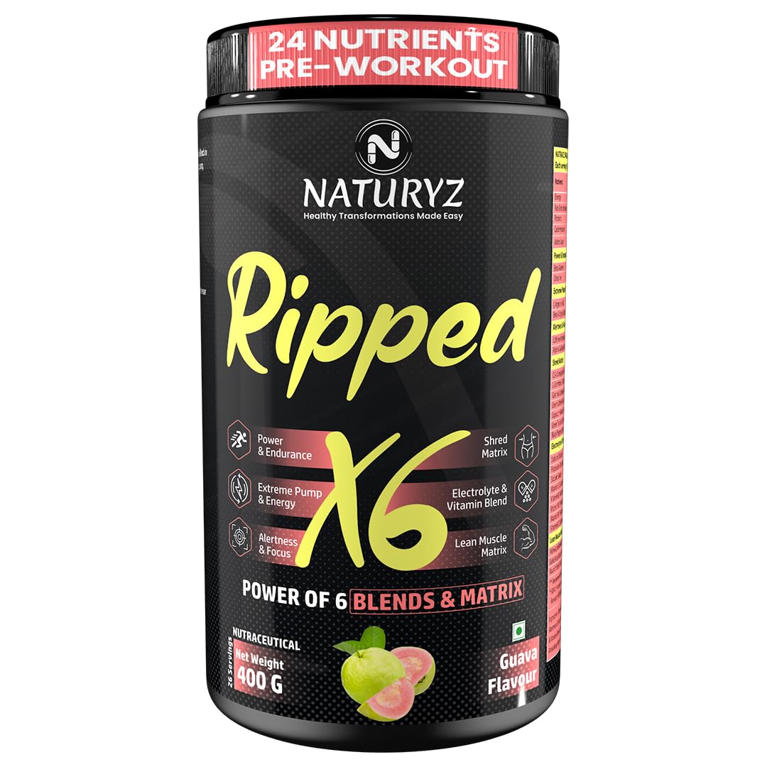 Naturyz Ripped X6 Pre Workout With Highest 24 Nutrients For Extreme Pump,Power,Endurance,Energy,Focus, For Fitness Enthusiasts,Athletes & Bodybuilders- 400 grams (Guava Flavour) - Powder, 1 count