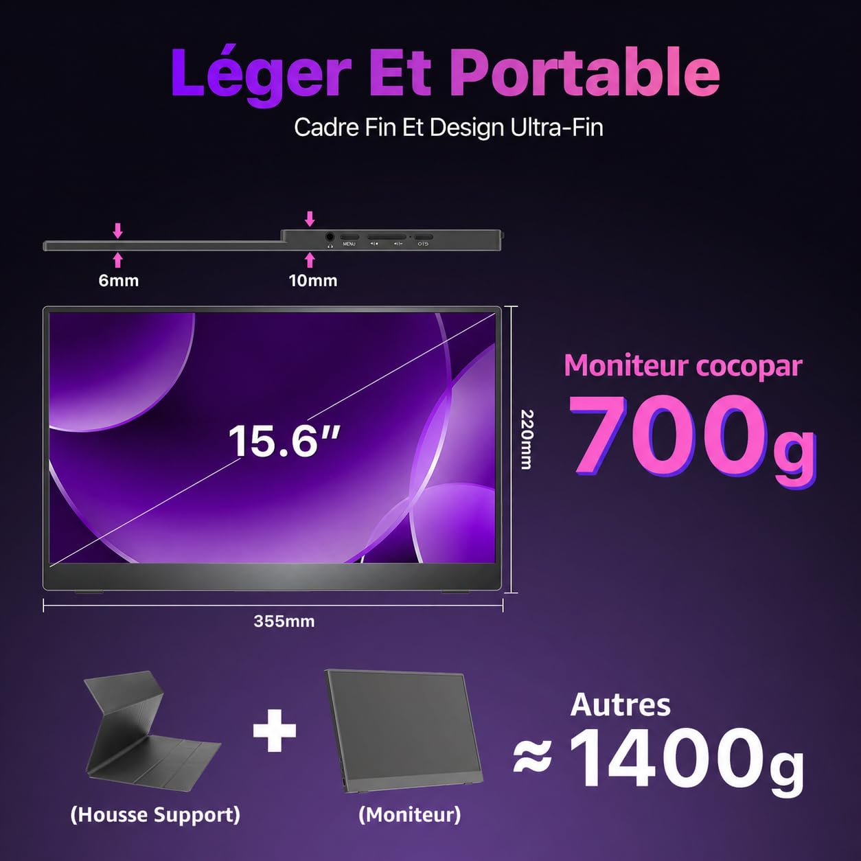 cocopar Ecran Portable 15,6 Pouces 4K QHD 145% sRGB avec Haut-Parleur HDMI USB-C Moniteur Portable Monitor pour Ordinateur Portable MacBook Surface PC Xbox PS5, VESA (Reconditionné)