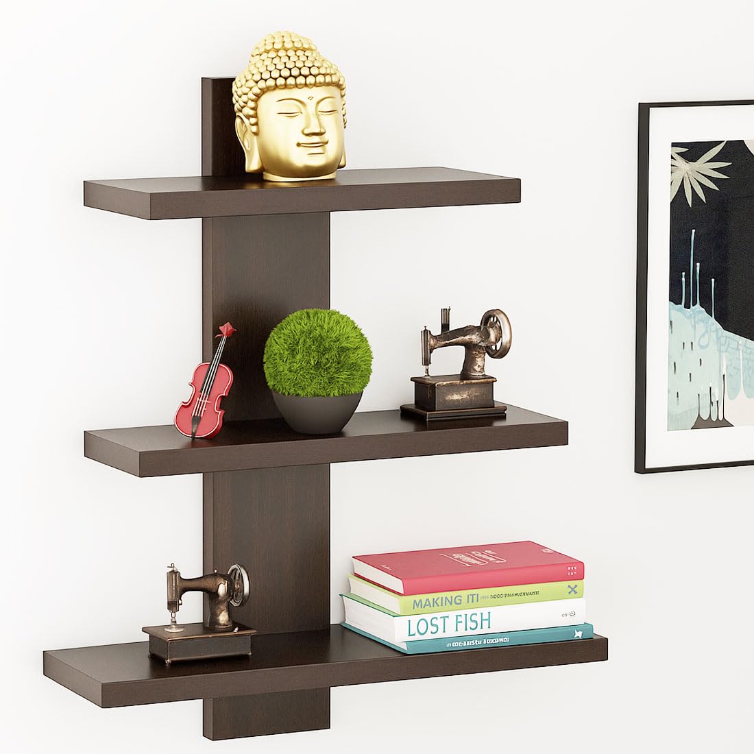 Zkoira Tree Shape Engineered Wood Wall Mounted Shelf 3 Tier Wenge II Home Decoration Items Living Room Multipurpose Decorative Organizer Bedroom Bathroom Shelves Stand