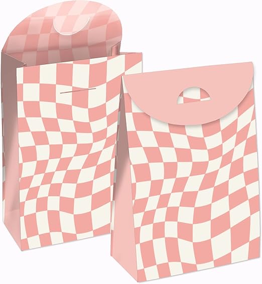 Big Dot of Happiness Pink Checkered Party - Gift Favor Bags - Party Goodie Boxes - Set of 12