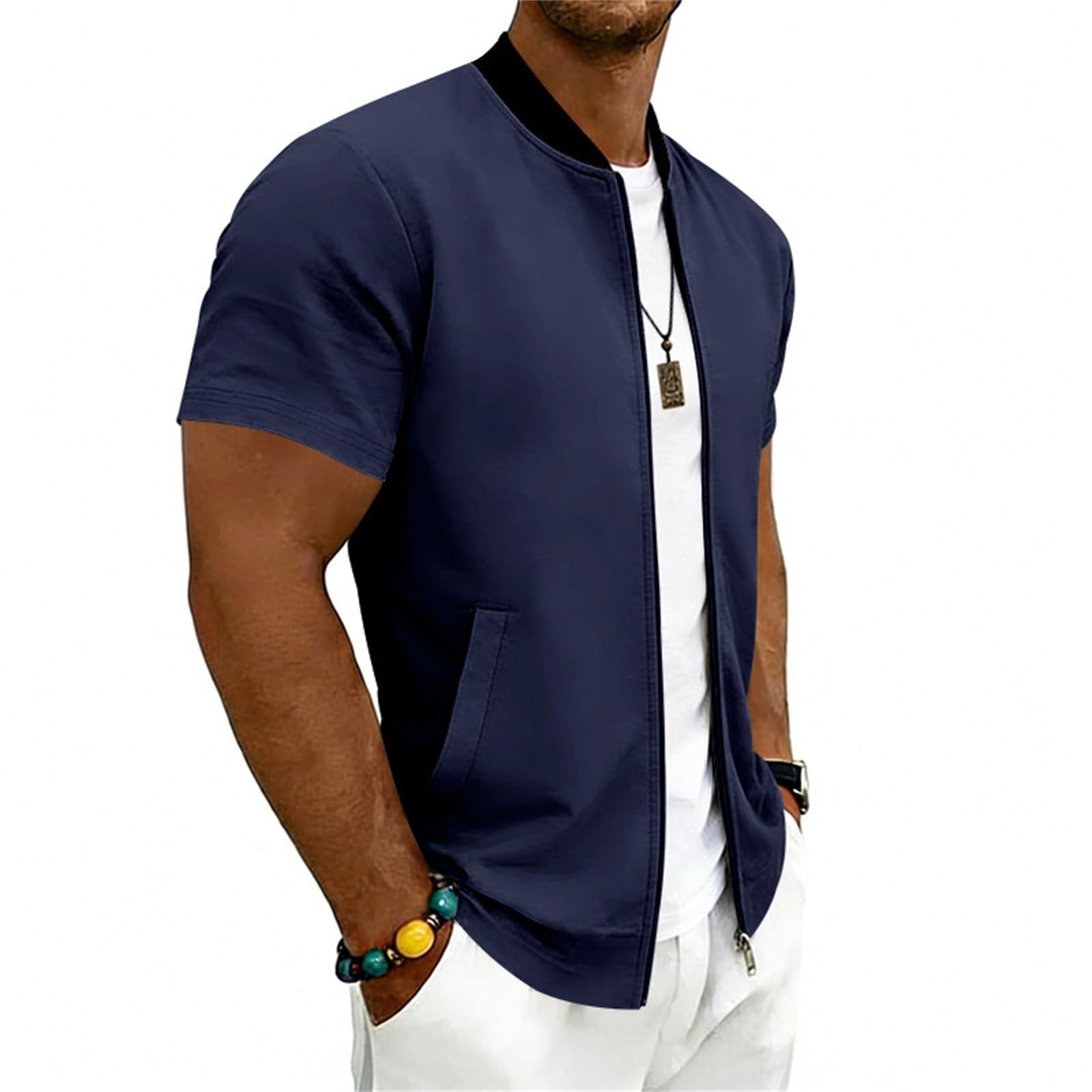 T-Shirts Für Herren Leichte Herren-Fliegerjacke Mit Durchgehendem Reißverschluss, Gerippt, Kurzarm, Lässig, Schmal Geschnitten Hemd Dunkelblau Linen Shirt Men T-Shirt Weiß Overshirt