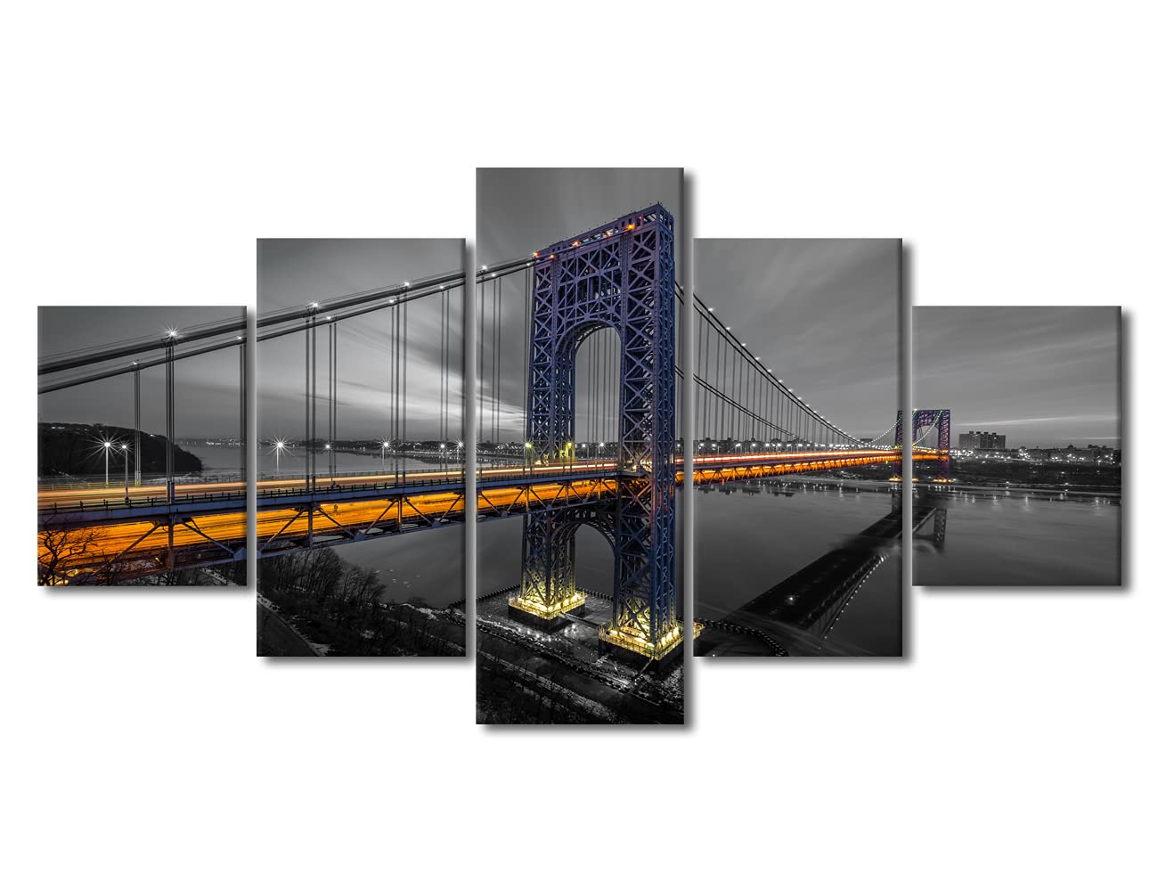 TUMOVO Bathroom Decor Wall Art George Washington Bridge on Hudson River at Sunset Panoramic Poster Prints on Canvas 5 Pieces Modern Home Decorations for Living Room Framed Ready to Hang (60"Wx 32"H)