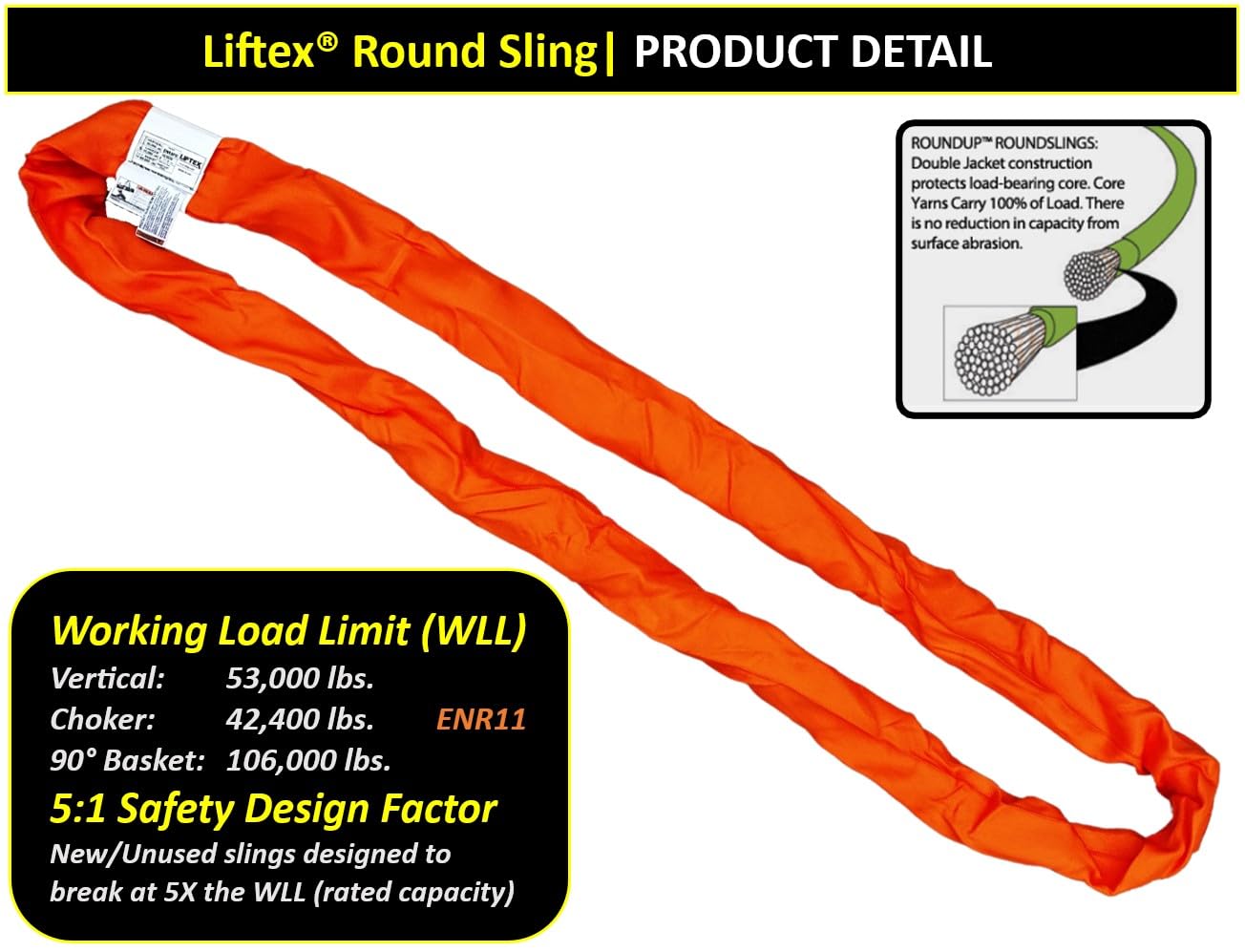 LIFTEX® | Dual Cover Polyester Lifting Round Sling | Orange x 10' Endless (V:66000; C:52800; B:132000) | Made in USA | Polyester Heavy Duty Lifting Rigging Moving Towing Hoisting