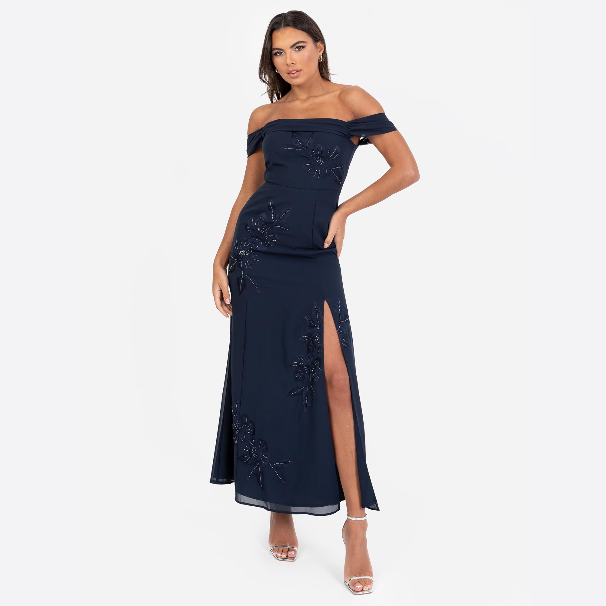 Maya Deluxe Women's Maxi Dress Ladies off Shoulder Bardot Sleeveless A-Line Split Slit Embroidered Bead Embellished Evening Prom Donna