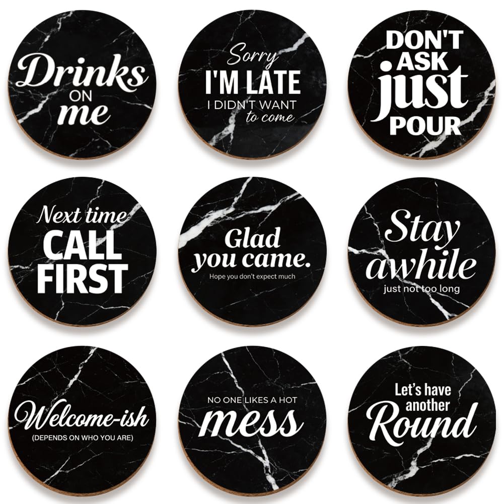SUPERDANT 9 Pcs Funny Wooden Coasters 3.94 Inch/10 cm Round Wood Drink Coasters Colorful Black Quote Design Desktop Protector Gift Set For Coffee Table Office Bar