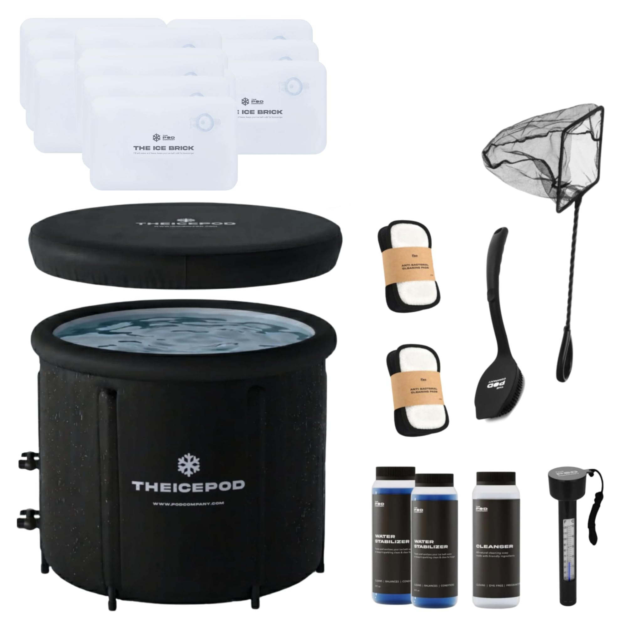 The Pod Company Pro Ice Pod Complete Care Bundle – 110-Gallon Cold Plunge Tub with 18 Ice Bricks, Water Maintenance Kit, Thermometer &amp; Cleaning Tools – Chiller Compatible