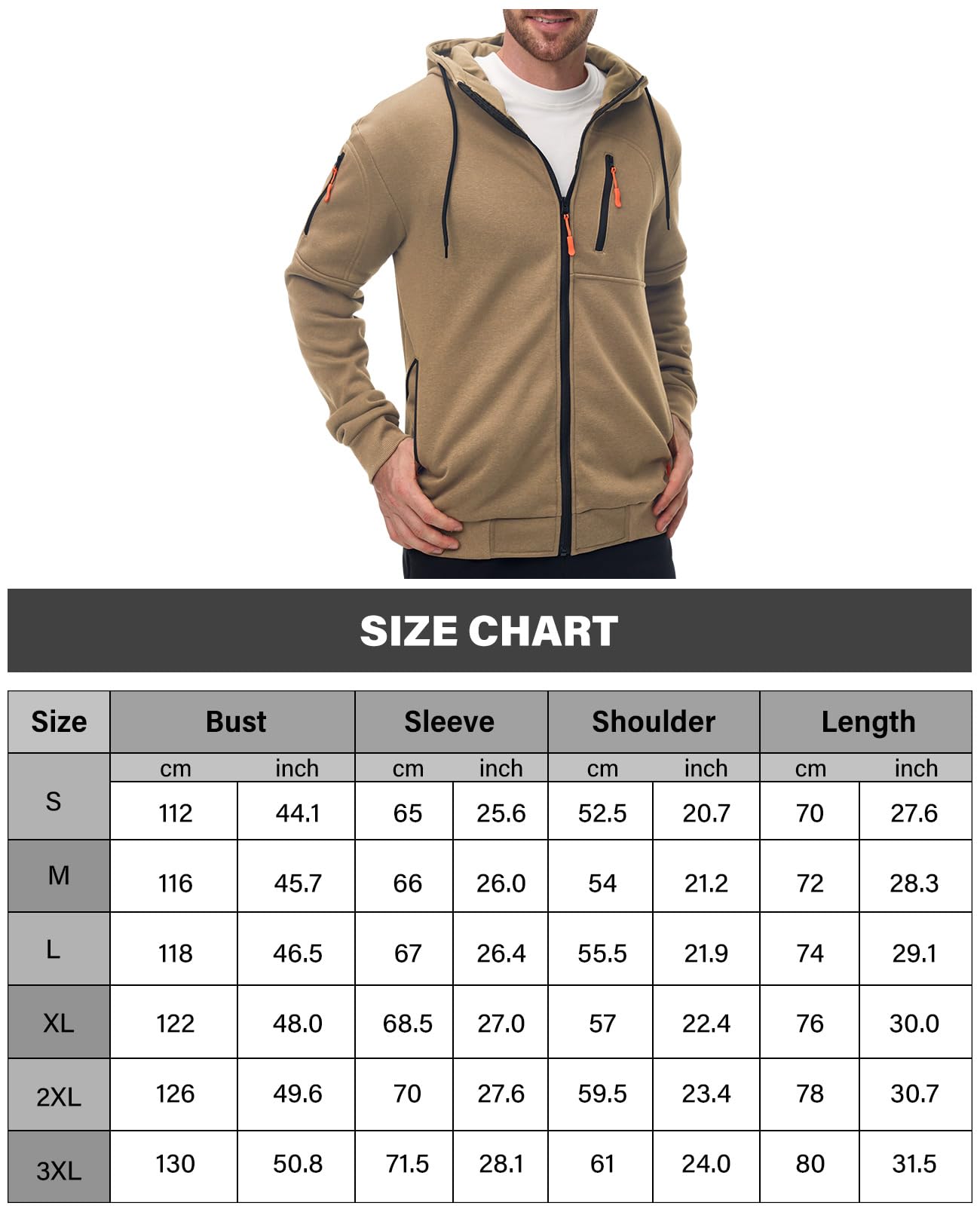 Homme Sweat à Capuche en Polaire avec Fermeture Éclair Pull Chaud Sweatshirt Casual avec Poche Automne Hiver