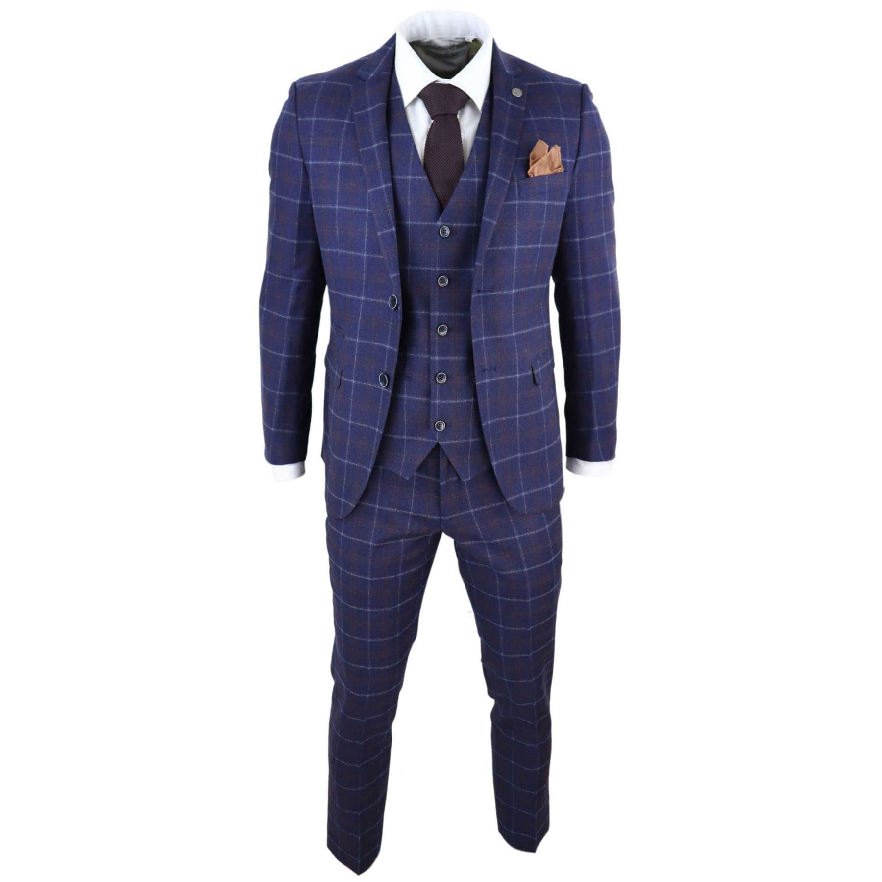 Paul Andrew Men's Navy Kenneth 3 Piece Blue Suit Tweed Check In | : 38R