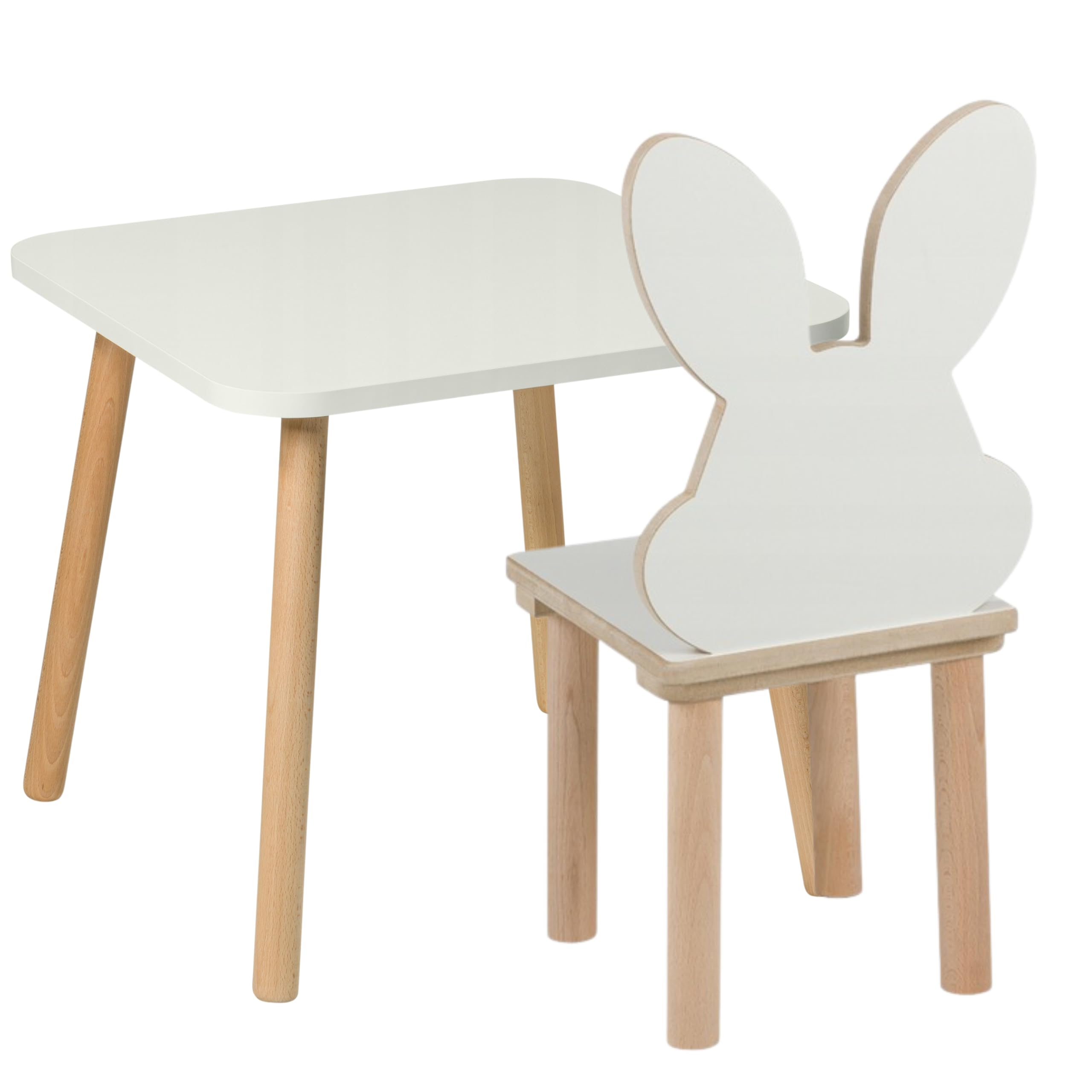PlayPlas Furniture: Kinderstuhl und -Tisch aus Holz, weiß, quadratisch, 50 × 47 cm, Set zum Lernen und Spielen, Stuhl in Hasenform, Möbel für das Kinderzimmer