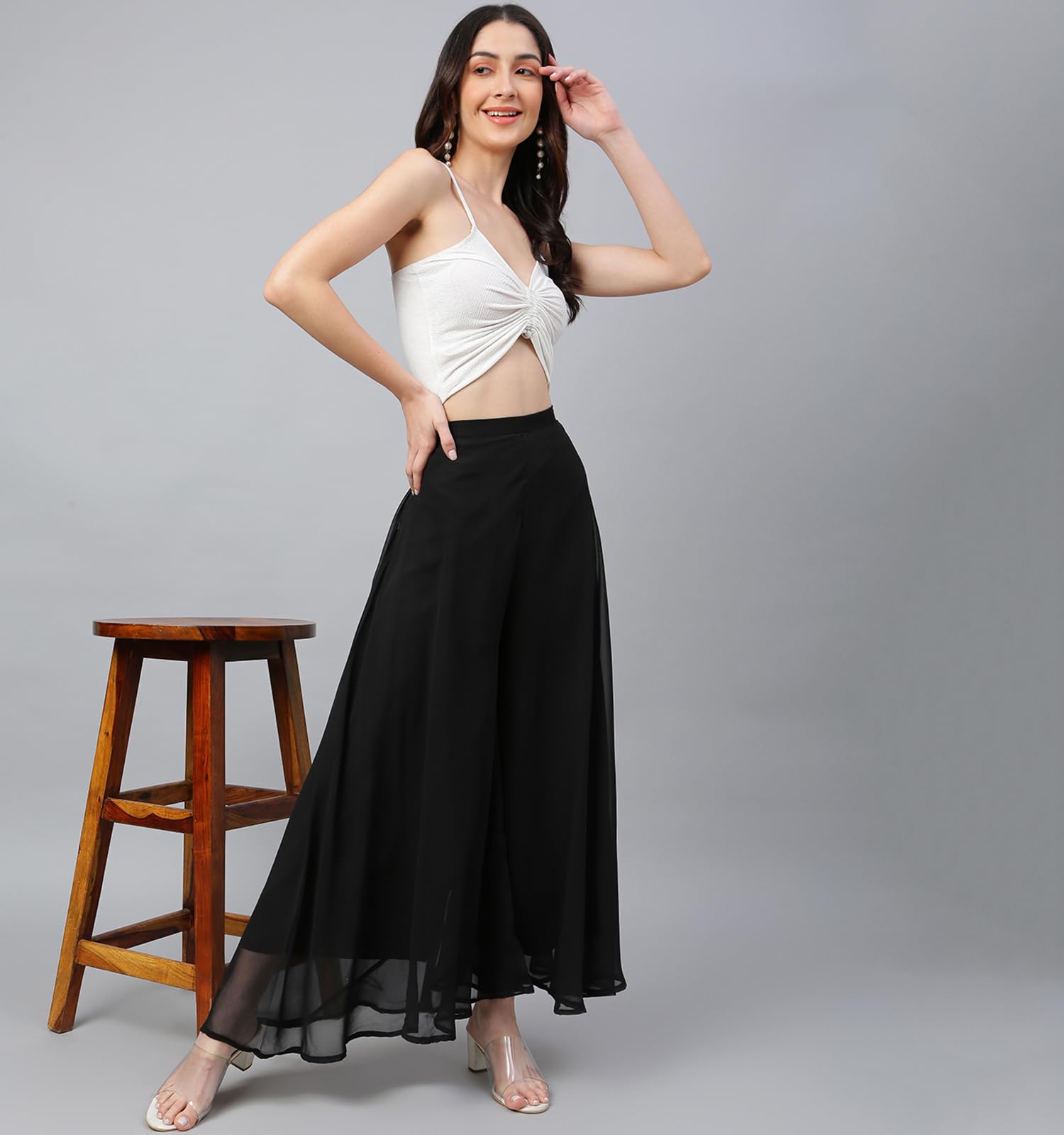 RATAN Women High Rise Georgette Flared Freesize Relaxed Fit Sharara Palazzo Pant With Lining (Black_Onesize) Free Size 3