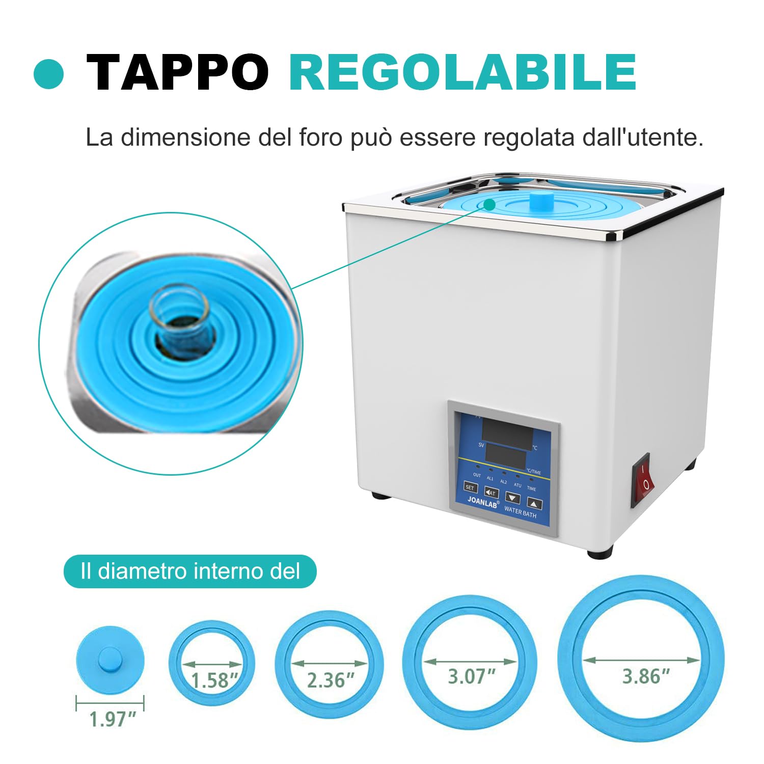 JOANLAB Bagnomaria da Laboratorio 3L, 300W - Singola Apertura, Acciaio Inox - Termostato Digitale ±0,1°C - Timer 0-99 Min - Display LED
