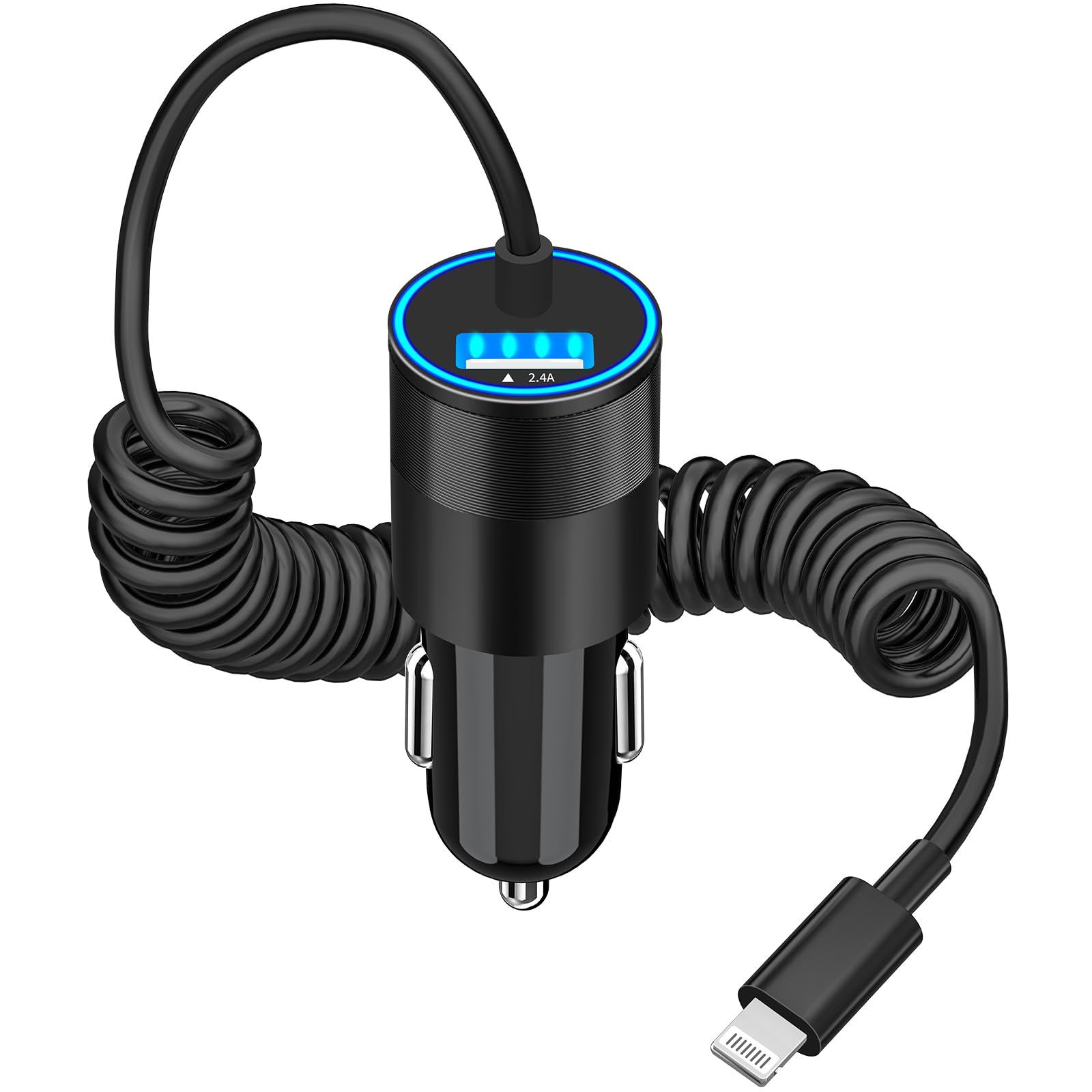【MFi Certified】iPhone Car Charger Fast Charging, KYOHAYA 4.8A Dual USB Power Cigarette Lighter Car Charger Adapter with 6FT Coiled Lightning Cable for iPhone 14 13 12 11 Pro XS Max Mini XR X 8 SE iPad