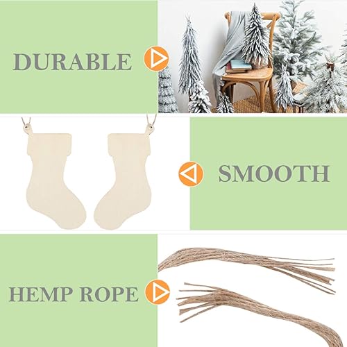 Miniatura 4 de EXCEART 50 piezas de medias de Navidad de madera, rebanadas de madera sin terminar con cordón para adornos colgantes de bricolaje, decoración de
