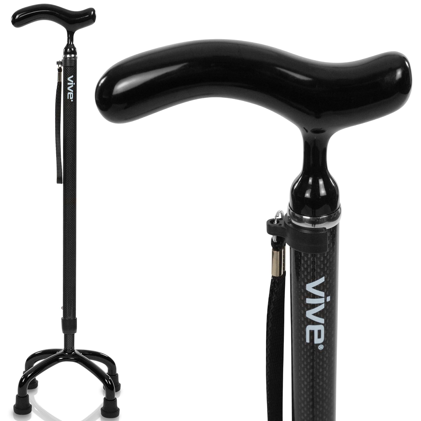 Vive Quad Cane - Carbon Fiber Lightweight Walking Stick for Men & Women - Adjustable Ergonomic Grip Handle - Nonslip Four Prong Rubber Tips for Right & Left Stability Support - Mobility Travel Aid