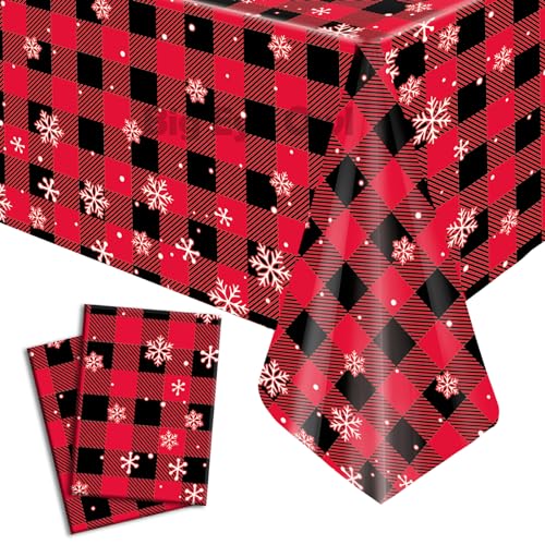 Christmas Plastic Red Buffalo Plaid Tablecloth Snowflake Disposable Vinyl Checkered Table Cloth Xmas Table Covers for Birthdays Party Rectangle Manteles de Navidad 54 * 108 Inch