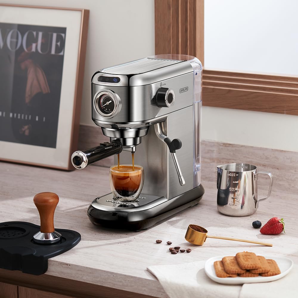 CAFELFFE Ekspres ciśnieniowy do espresso 20 bar, ekspres do espresso ze stali nierdzewnej z spieniaczem do mleka i manometrem, do kawy mielonej lub wkładów ESE, zbiornik na wodę 1,1 l, srebrny