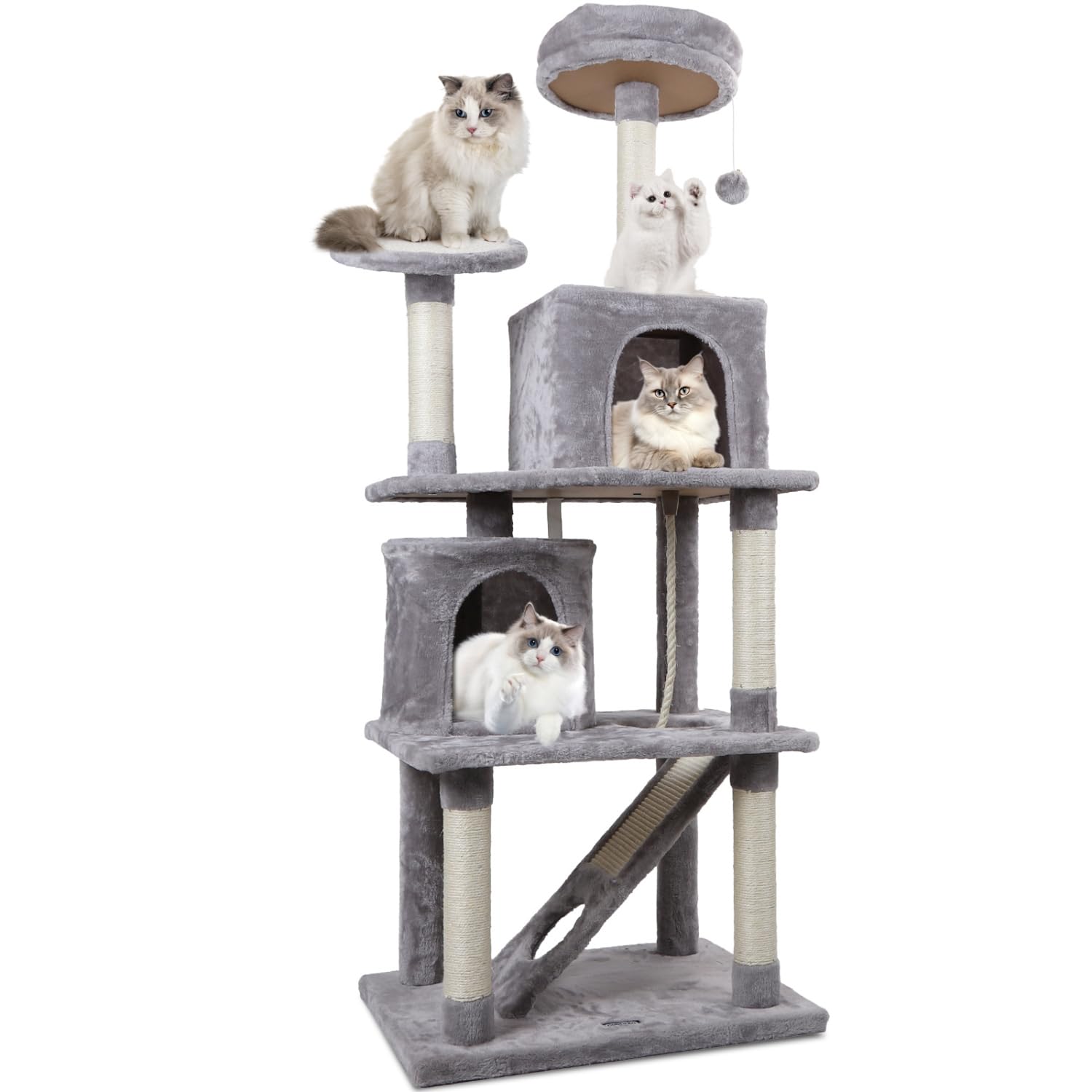 Nobleza - Árbol para Gatos, Altura 161 cm, con 5 Postes Rascadores, 5 Plataformas, 2 Cueva,1 Escalera, pompón, Cuerda de sisal, Tela de Felpa, Rascador Multinivel para Gatos Grandes,Gris