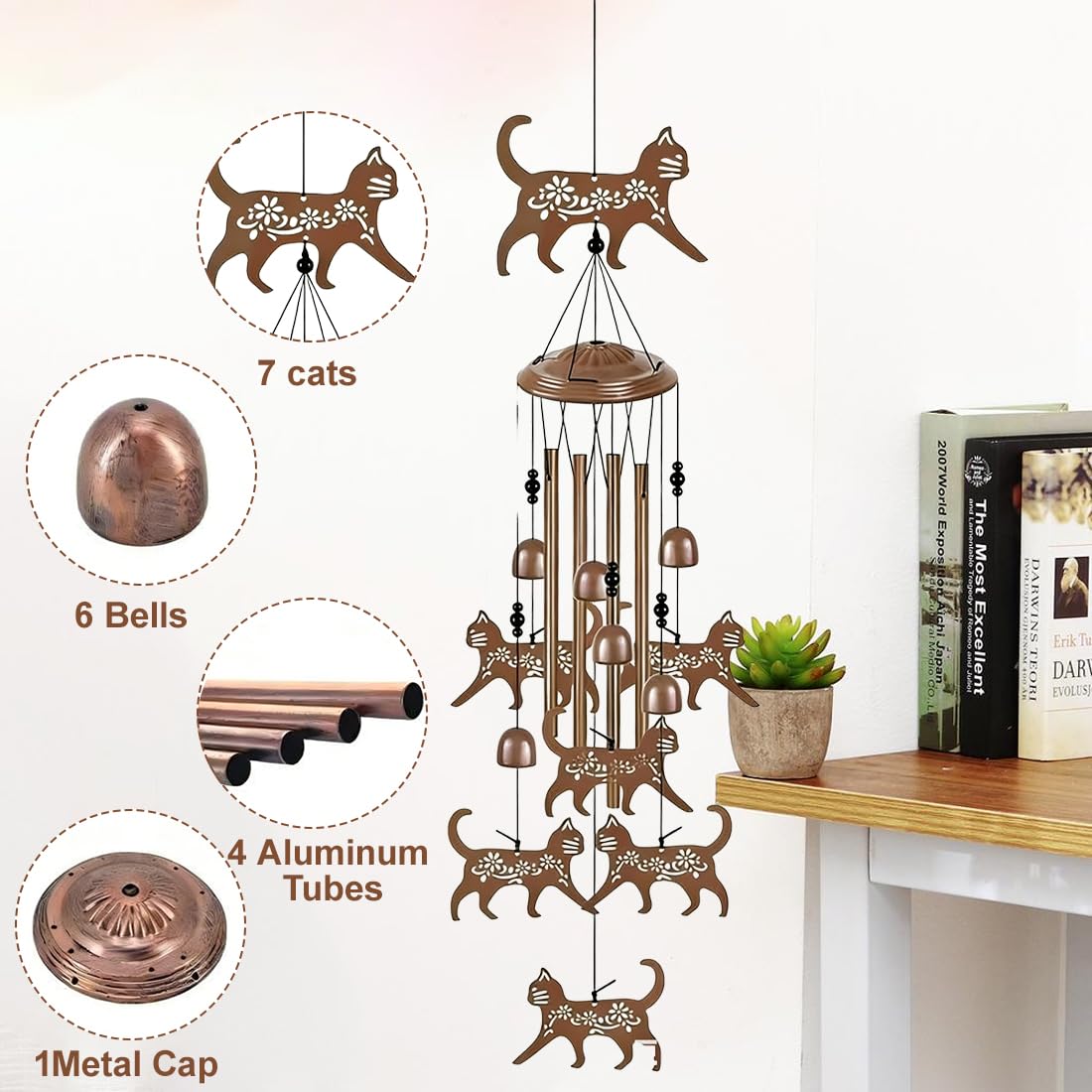 1 Piezas Campana De Viento, Campanas De Viento Artesanales Con Diseño De Gato, Carillón De Metal Para Exteriores Con Tubos, Adecuado Para Colgar En Balcones, Ventanas O Árboles (A)