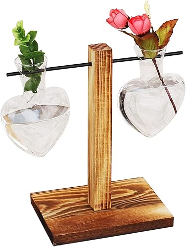 Miniatura 7 de Terrario para plantas, jarrón de propagación de 2 corazones con soporte de madera, estación de propagación para plantas, maceta de agua, soporte de