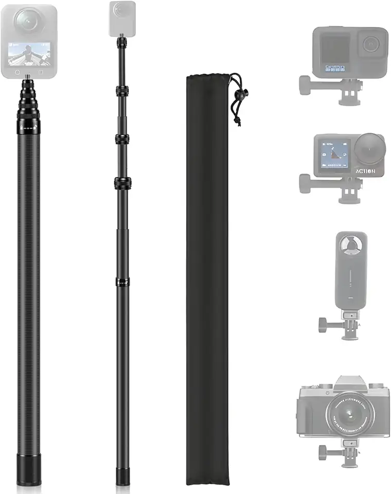 Bastão de Selfie Invisível 3m 9 Seções Fibra de Carbono + Alumínio – Extensão Ultra Longa, Empunhadura Ajustável à Prova d'Água, Compatível com GoPro 10/9/Go2, DJI Action 5, 360 X3/X4