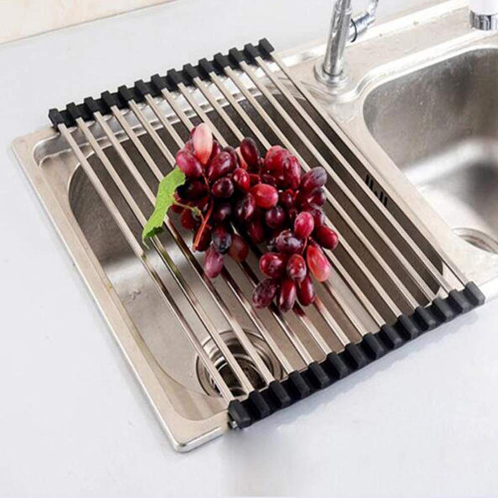 CLQ Estante De Drenaje De Acero Inoxidable Estante De Secado De Frutas Y Verduras, Escurridor, Escurridor, Escurridor sobre Fregadero Enrollable, Negro