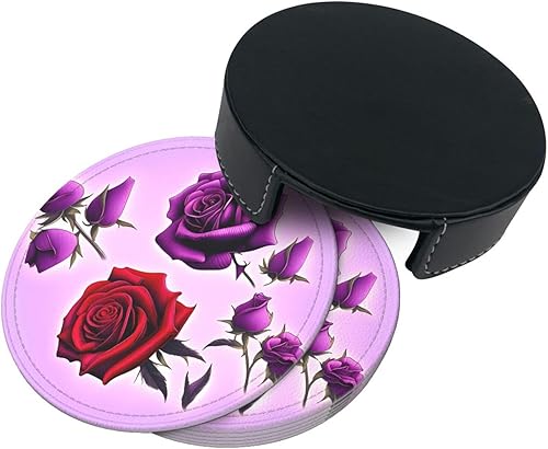 Miniatura 4 de Red and Purple Roses Fashionable Printed Leather Coaster Set,A Set of 6 Pieces,4 Inches in Diameter,Adding an Artistic Atmosphere to Your Desktop