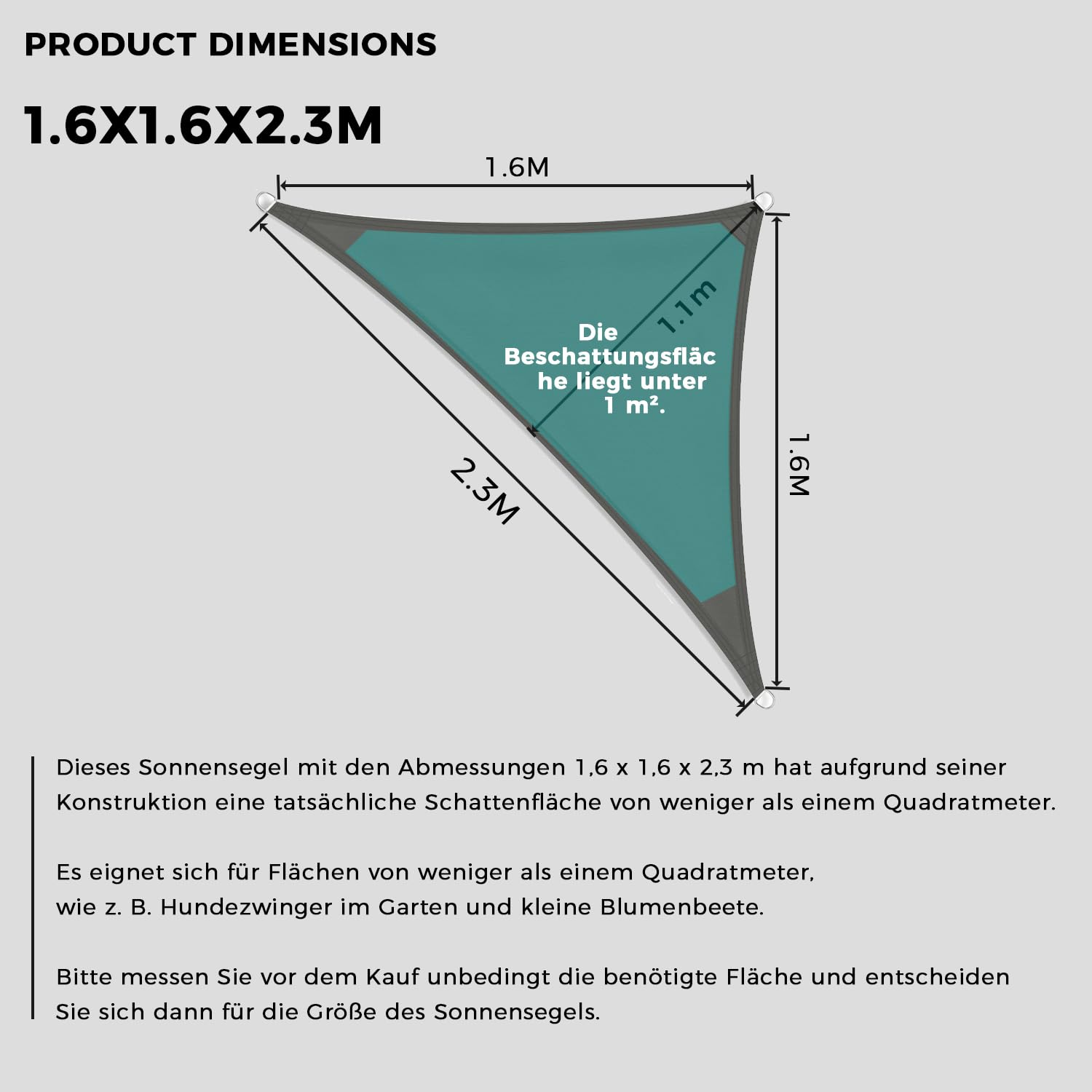 Sonnensegel Dreieckig 1.6x1.6x2.3m Wasserdicht im Viele Größe und Farben, mit Befestigungs Kit PES Polyester, Sonnenschutz 95% UV Schutz, Reißfest Wetterfest für Terrasse Garten- Rost rot