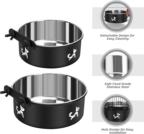 Miniatura 2 de Cuencos para jaula para perros para colgar sin derrames, juego de 2 cuencos de agua para jaulas para perros, cuencos montables para perreras, Negro