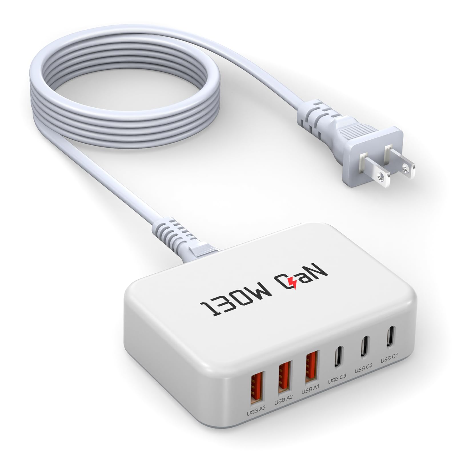 130W USB C Charger Block GaN 6 Port Fast USB C Charging Station for iPhone | Power Strip Adapter Plug for iPhone17 16 15 14 13 12 Pro Max/iPad/ iPad mini/Pro Galaxy S26/S25/S24/S23 5ft Power Cord- White