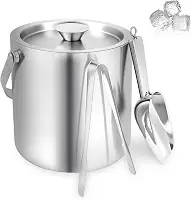 Balde de gelo de aço inoxidável de 2 L com tampa, colher e pinça, balde de gelo isolado de parede dupla, recipiente refrigerador de bebidas de boa refrigeração, portátil para festas e coquetéis