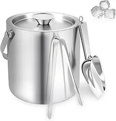 Balde de gelo de aço inoxidável de 2 L com tampa, colher e pinça, balde de gelo isolado de parede dupla, recipiente refrigerador de bebidas de boa refrigeração, portátil para festas e coquetéis