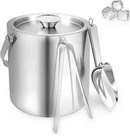 Balde de gelo de aço inoxidável de 2 L com tampa, colher e pinça, balde de gelo isolado de parede dupla, recipiente refrigerador de bebidas de boa refrigeração, portátil para festas e coquetéis