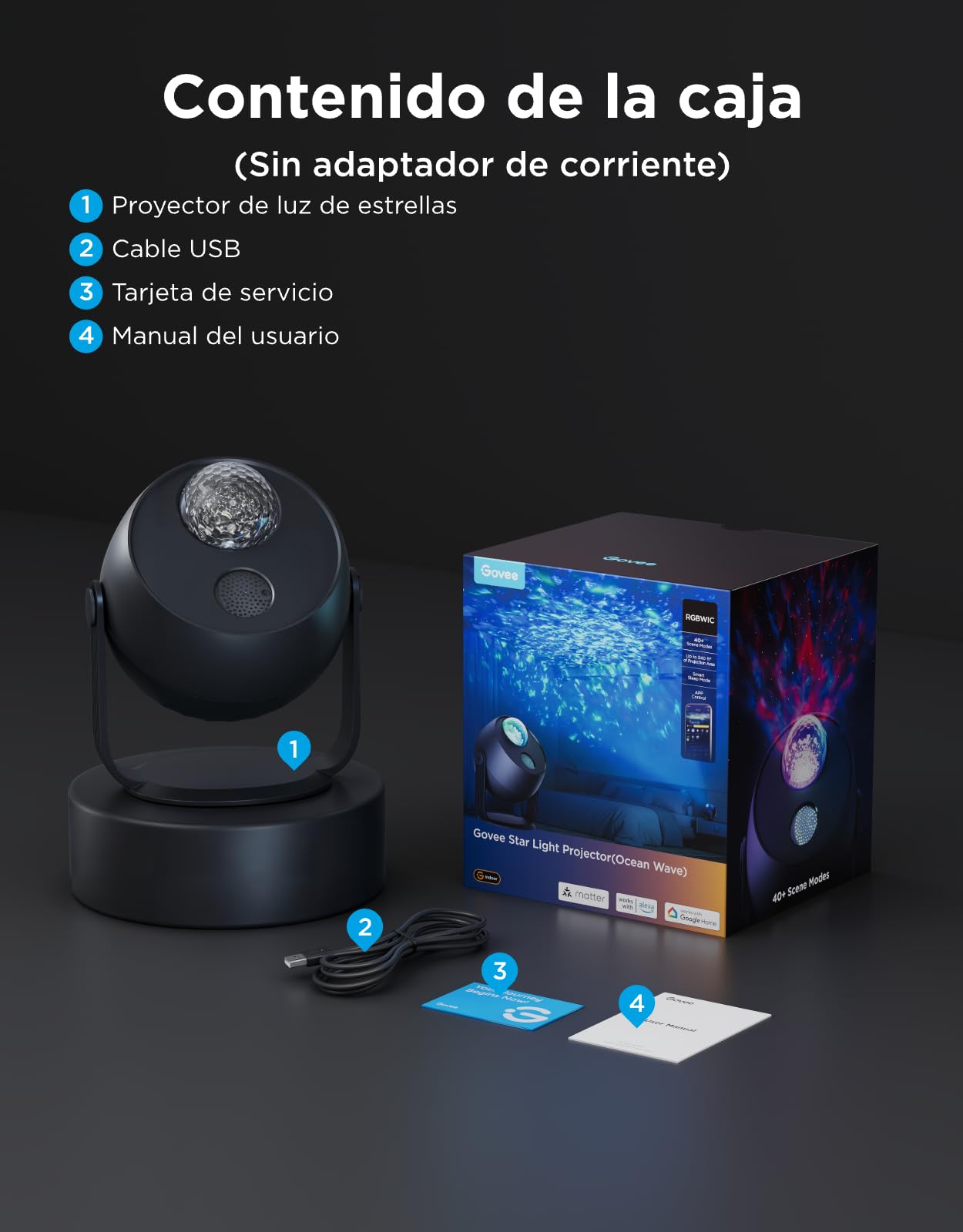 Govee Proyector Estrellas de Olas Oceánicas | Efectos de Ondas Dinámicos, Compatible con Matter y Alexa, Más de 40+ Modos de Escena, 18 Opciones de Ruido Blanco
