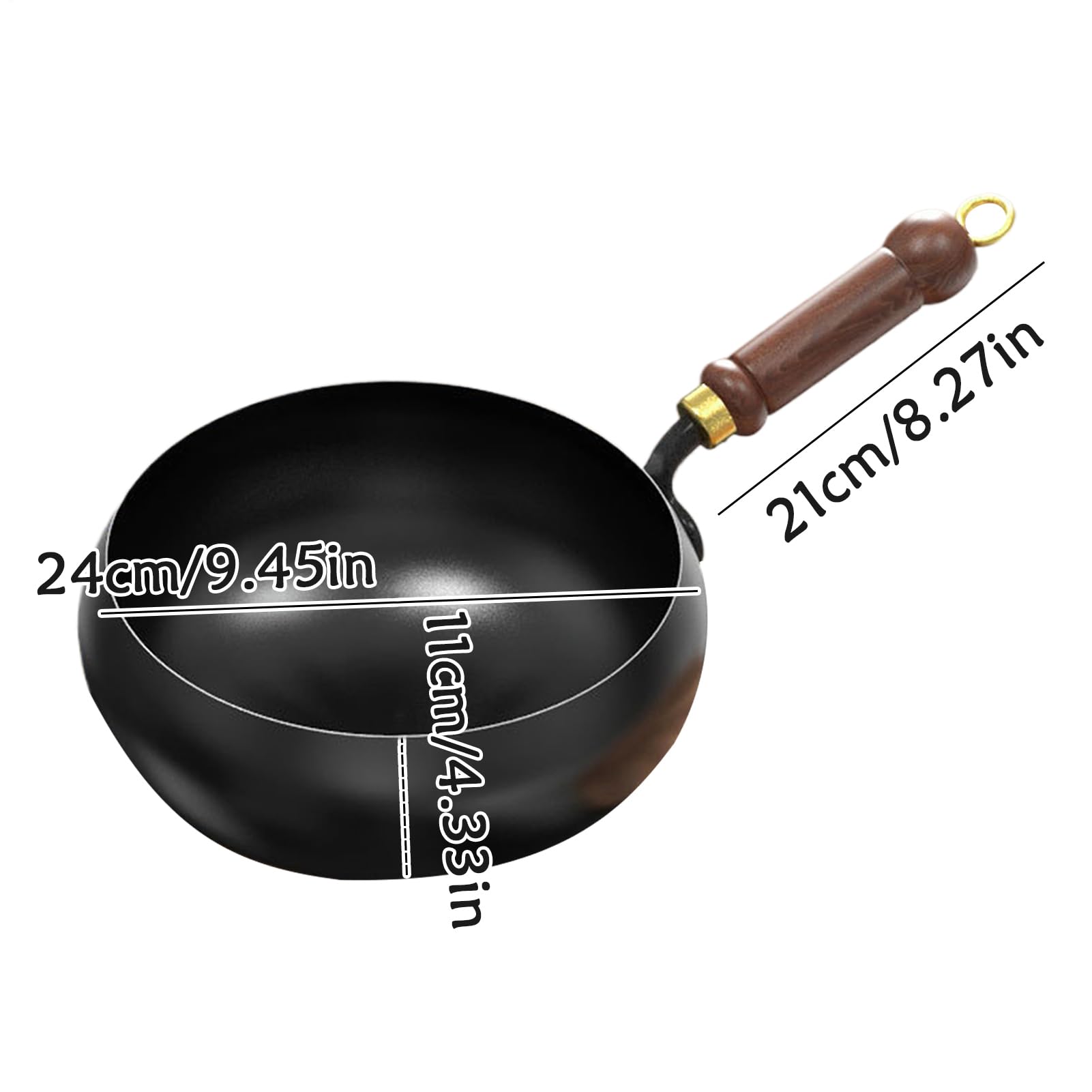 Padella in ferro forgiato a mano, 24 cm, con manico in legno, per wok tradizionale cinese, senza rivestimento, per cottura a induzione e a gas, effetto antiaderente naturale, con manico in