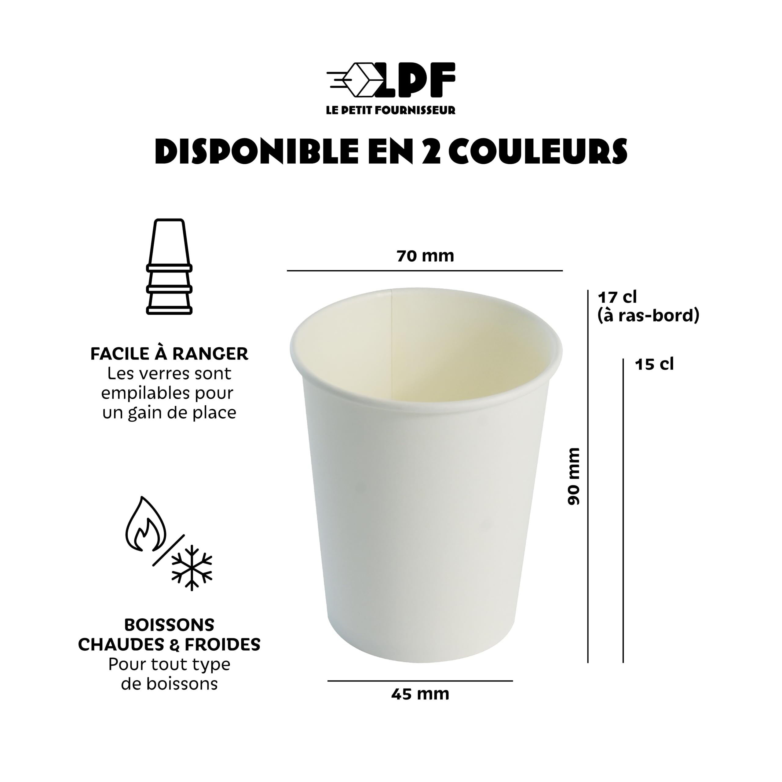 LPF LE PETIT FOURNISSEUR - 2000 Gobelets Carton Blanc 17cl - 100% Recyclable - Boissons Chaudes ou Froides